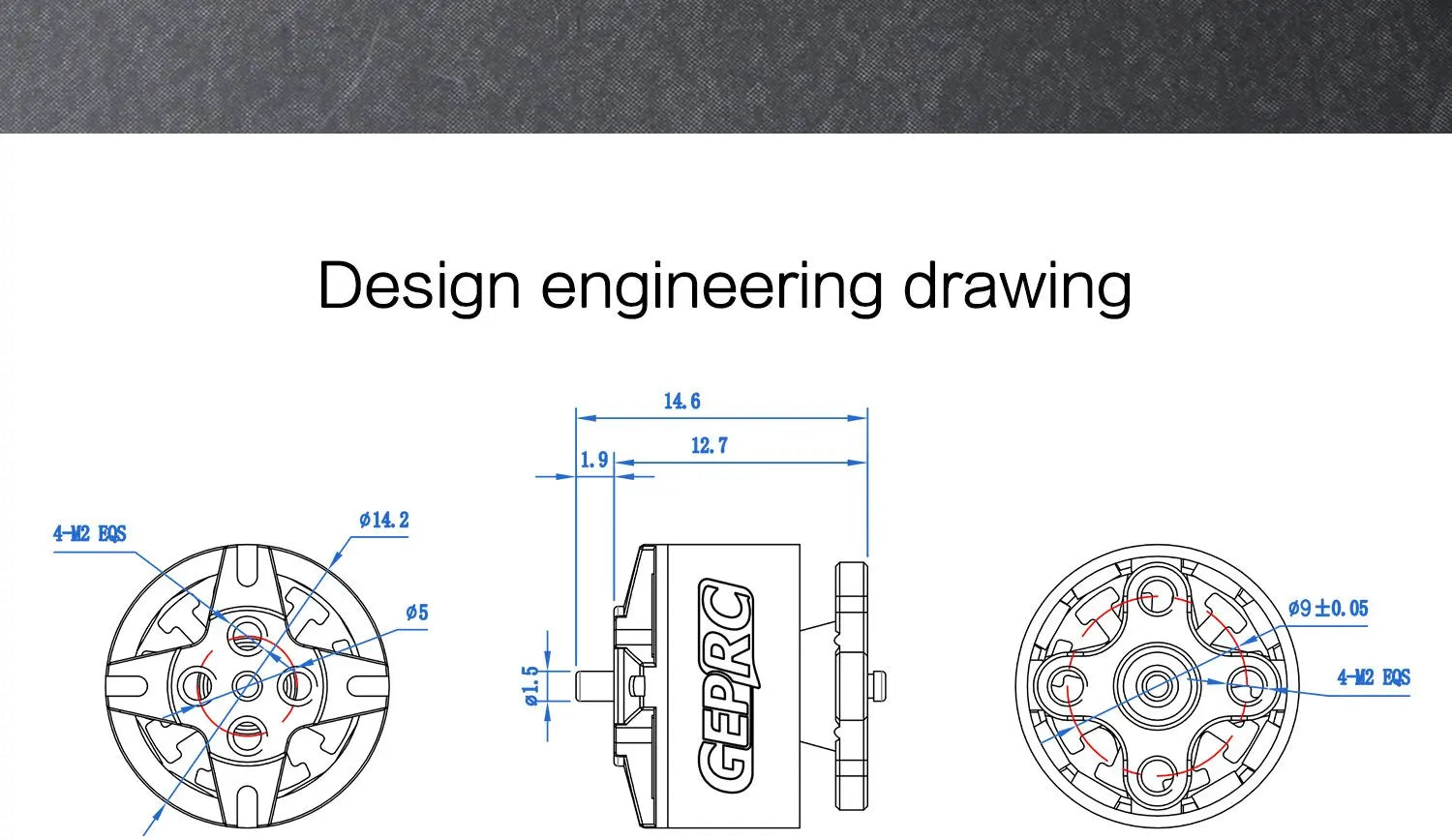 GEPRC GEP GR1105 5000kv 6000kv Motor, Design engineering drawing 14,6 12.7 014.2 4-42 BOS ( 09 +O. 