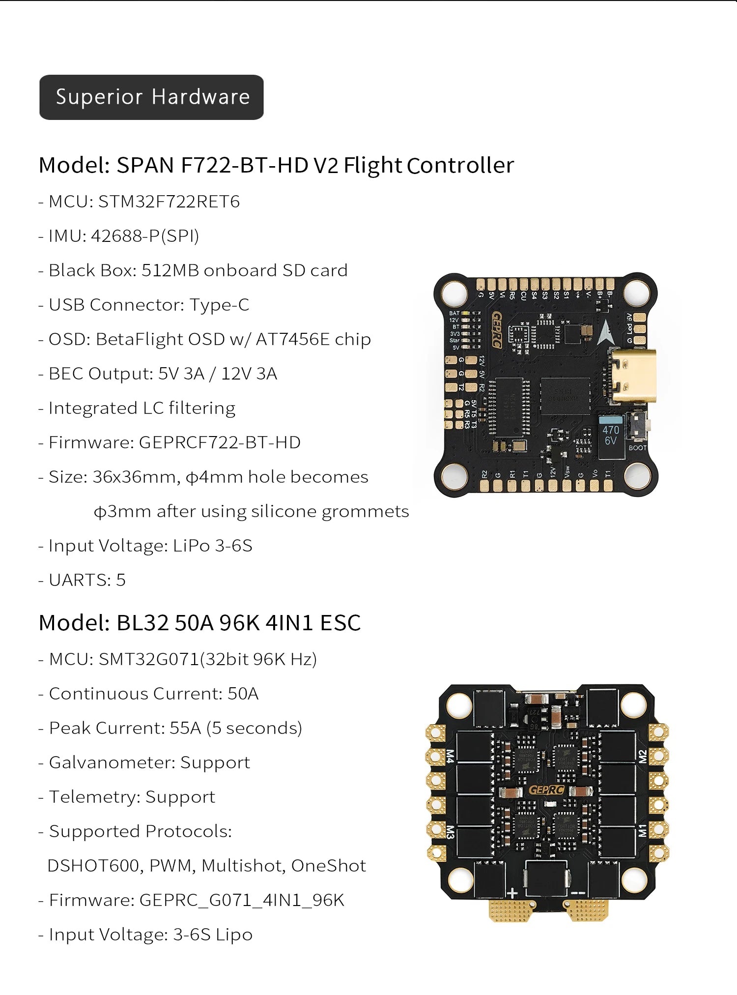 GEPRC SPAN F722-BT-HD V2 Stack - وحدة التحكم في الطيران Stack F7 BL32 50A 96K 4IN1 ESC دعم BLUETOOTH PARAMETER TUNING 10 GEPRC SPAN F722-BT-HD V2 Stack, Superior Hardware Model: SPAN F722-BT-HD V2 Flight Controller MCU: