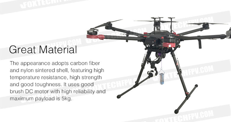 Durable industrial drone winch with carbon fiber and nylon shell for high temperature resistance and strength.