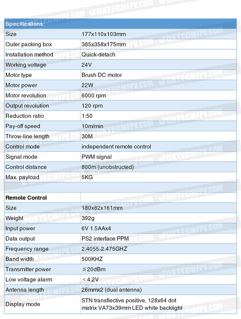 Industrial drone winch specs: size, voltage, motor details, and remote control features.
