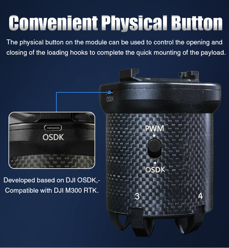 RDD-5 25KG Payload Release and Drop, Convenient physical button controls payload release, simplifying hook opening/closing for efficient mounting.