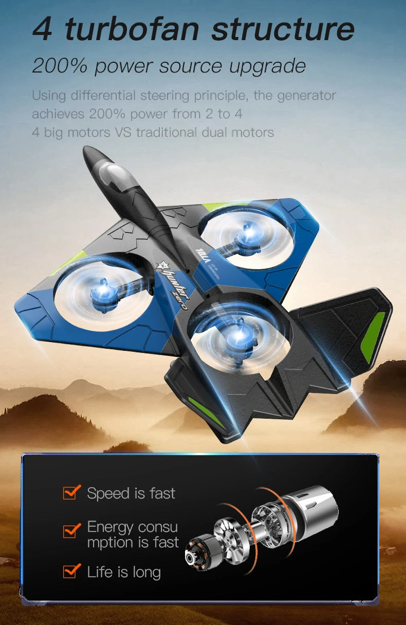 V27 RC Airplane, the generator achieves 200% power from 2 to 4 big motors VS traditional dual motor