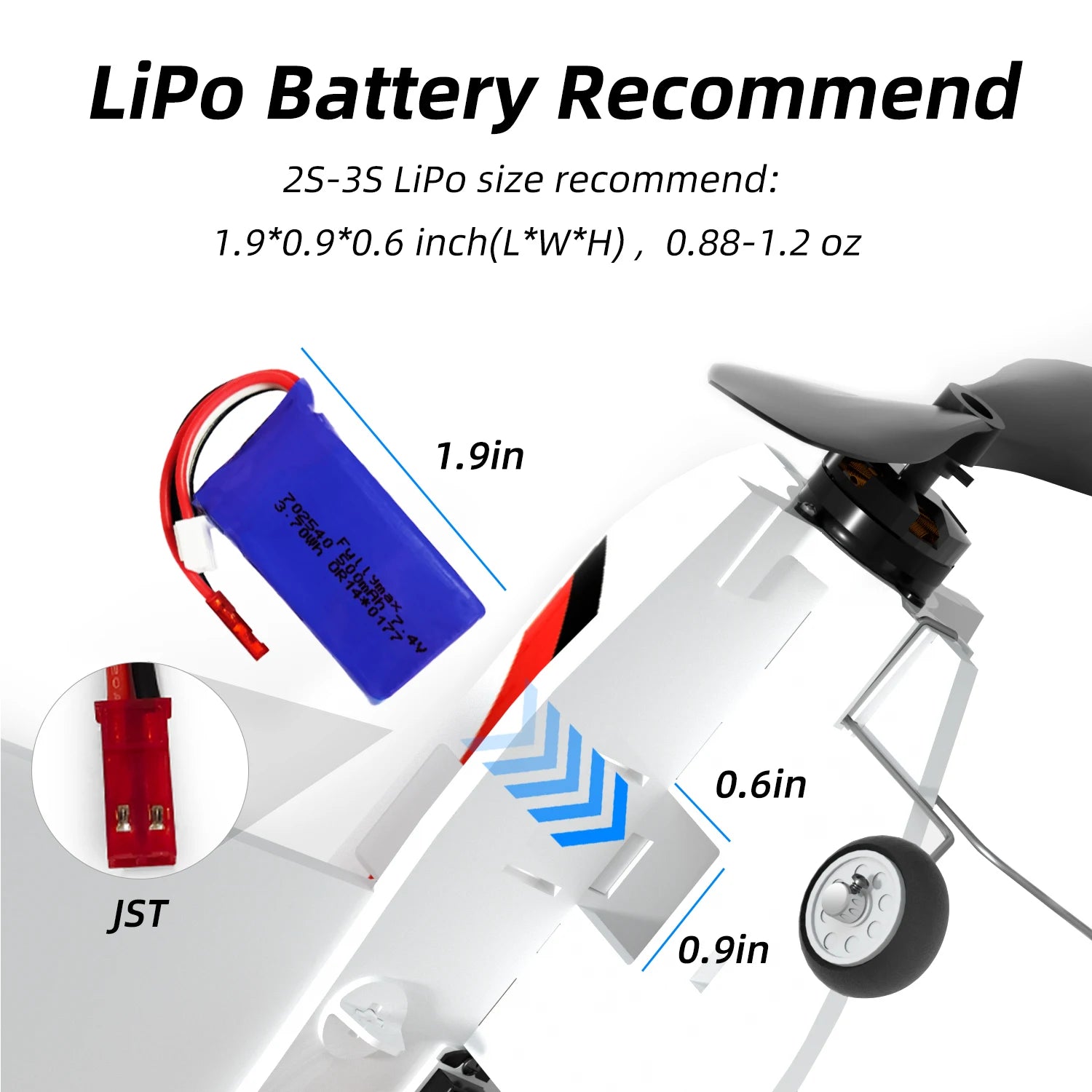 Radiolink A560 4CH RC Airplane, Battery Recommend 25-35 LiPo size recommend: 1.9*0.9*
