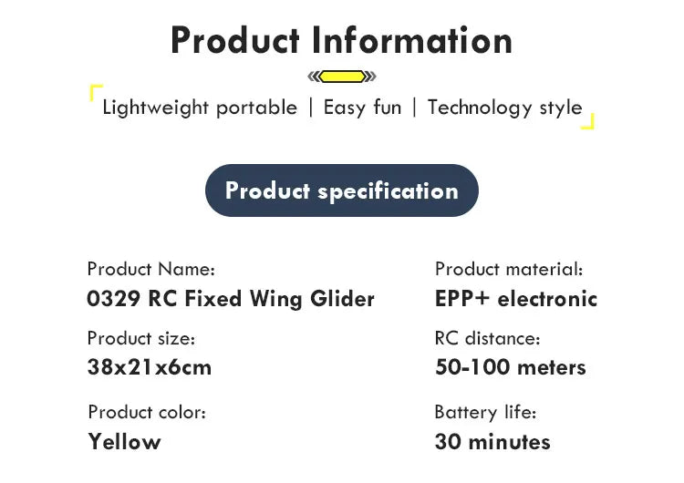 TY8 RC Airplane, Lightweight portable fun Technology style Product specification Product name: 0329 RC Fixed Glider