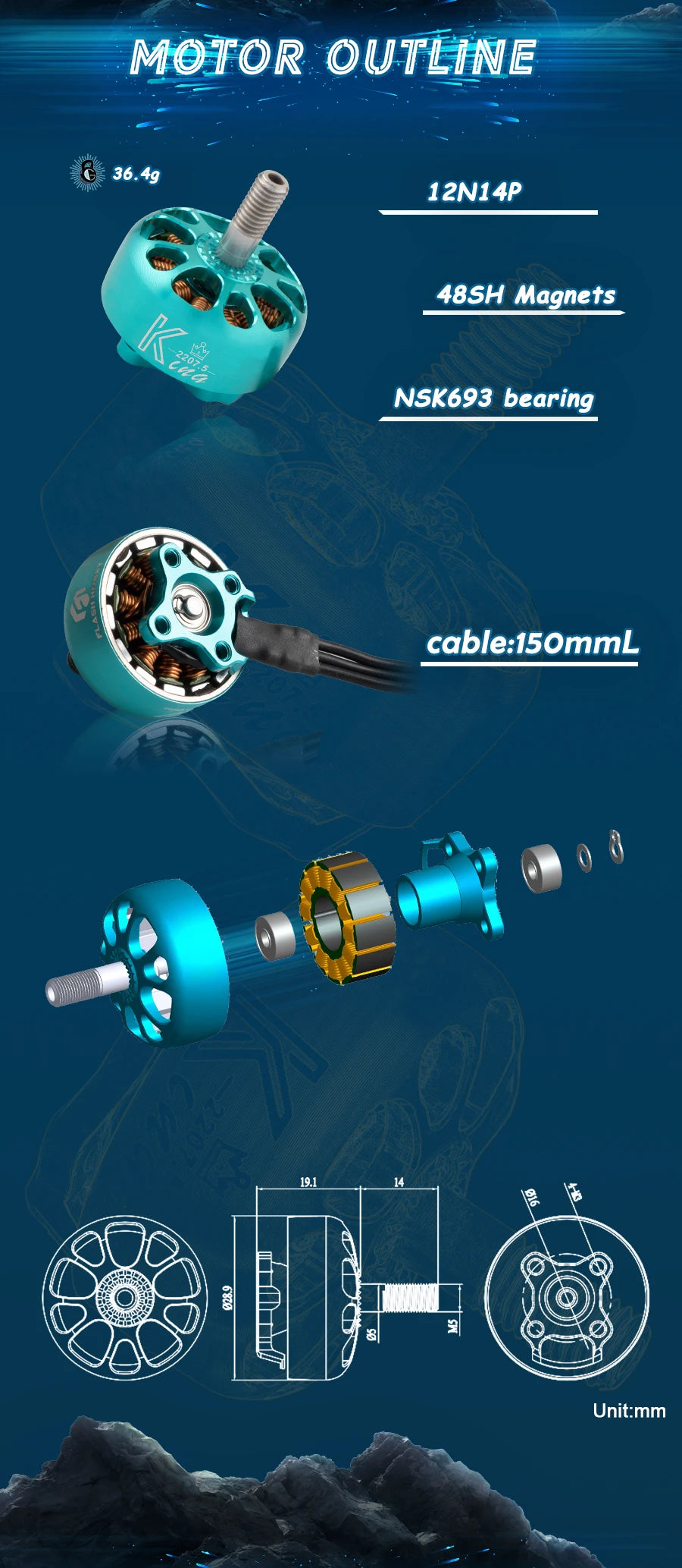 MOTOR OUTLINE 36.49 1ZNI4P 48SH Magnets 2 9
