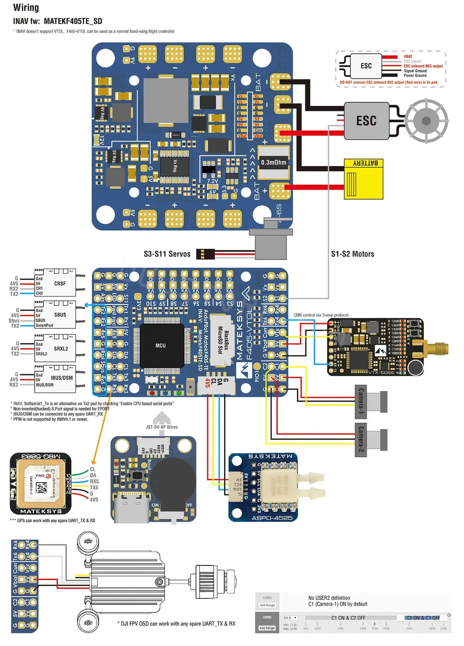 MATEK F405-VTOL Flight Controller, 2 Amps 12V option with Jumper pad for stable 9V/12V output 