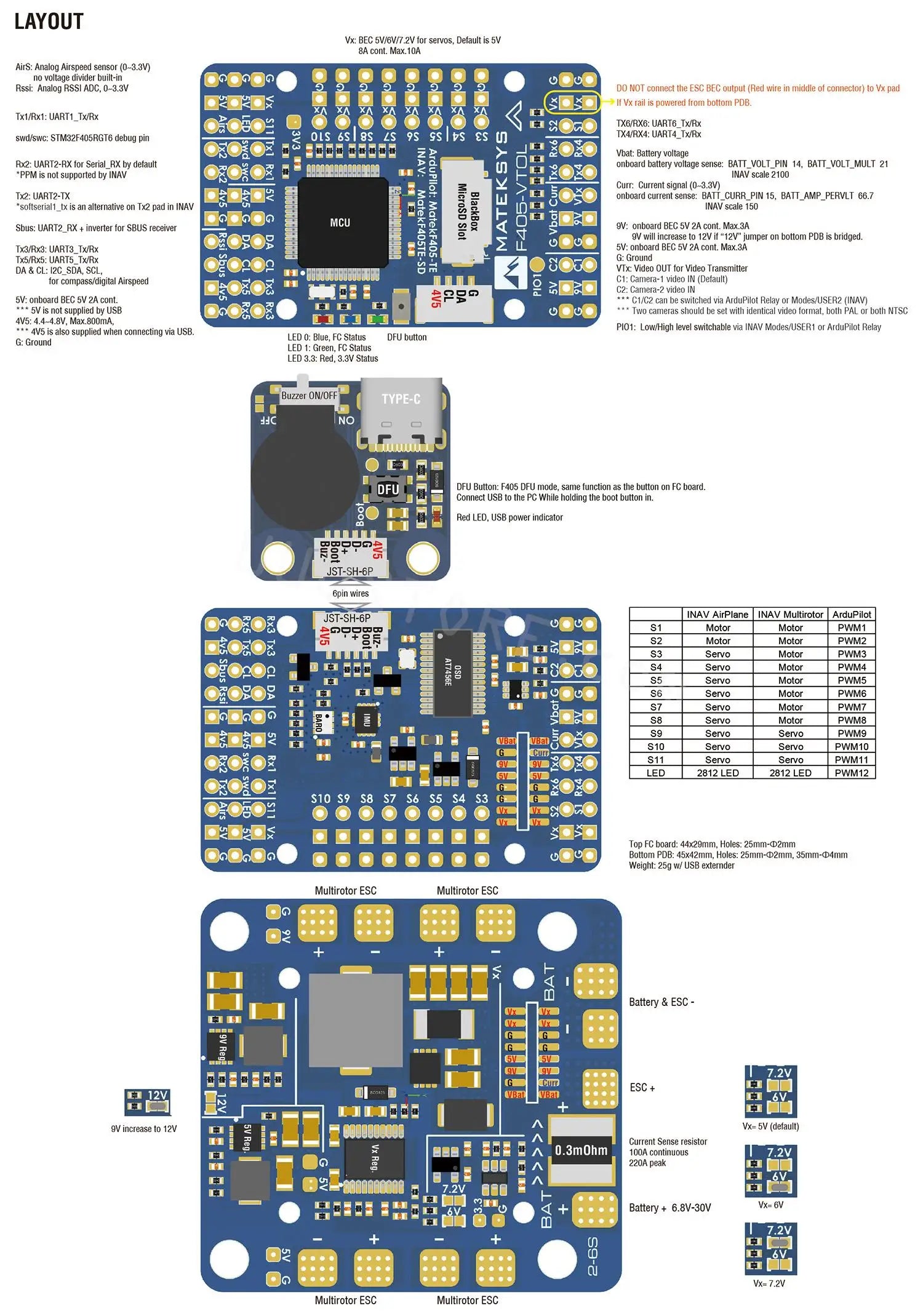 MATEK F405-VTOL Flight Controller, BEC SVI6V/7 2V for servos, Default is 5