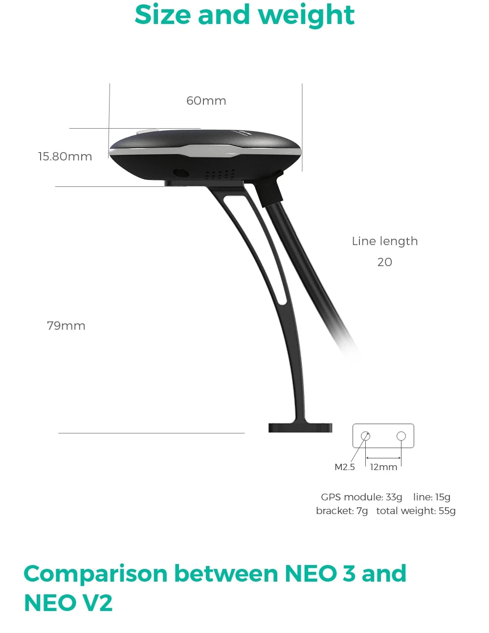 CUAV NEO 3 U-BLOX GNSS GPS, Size and weight 6Omm 15.8Omm Line length 20 79mm M2.5 12