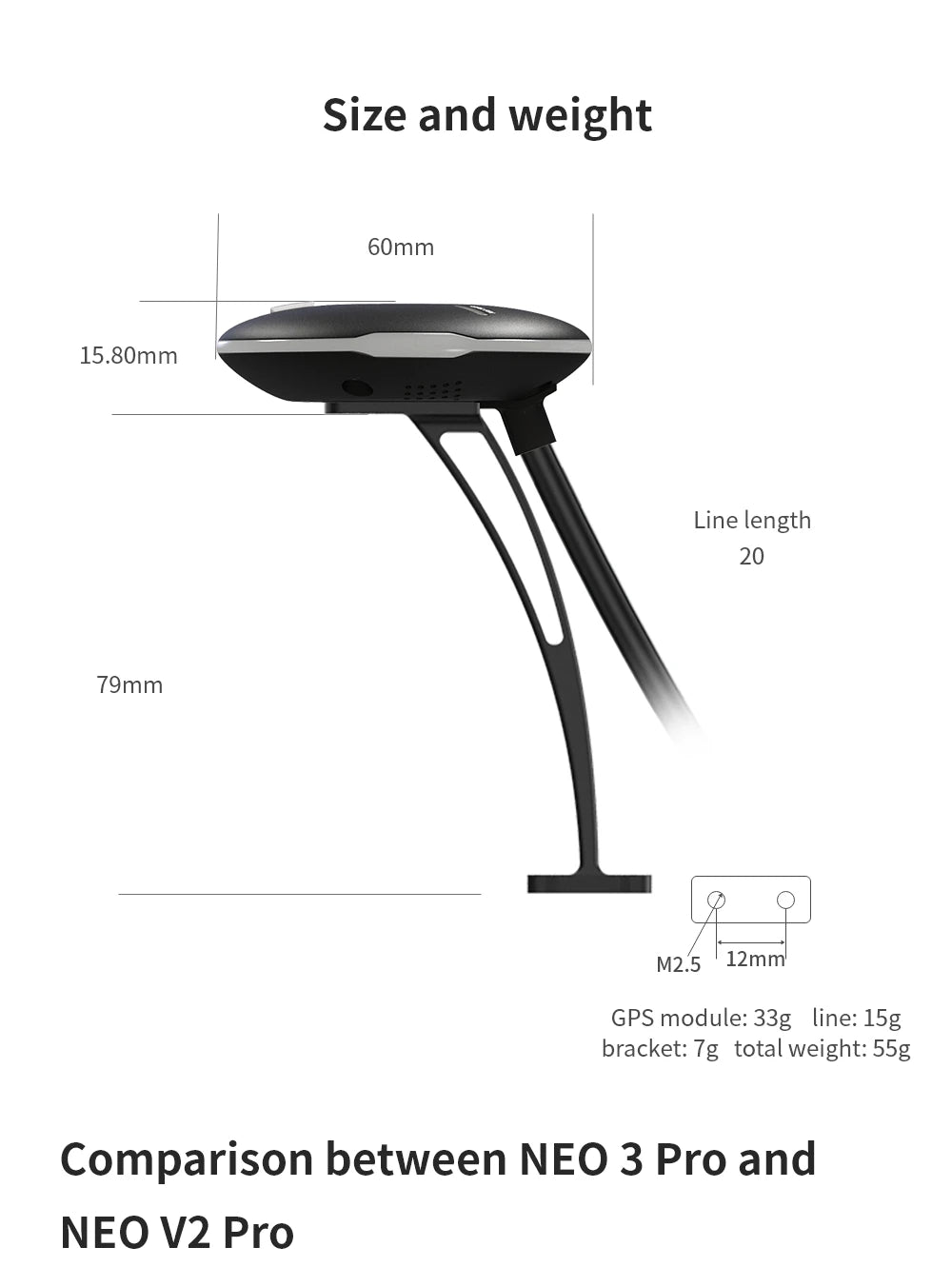 CUAV NEO 3 U-BLOX GNSS GPS, Size and weight 60mm 15.8Omm Line length 20 79mm M2.5 12mm