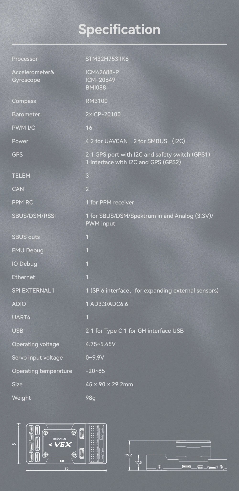 Specification Processor STM32H75311K6 Accelerometer& ICM