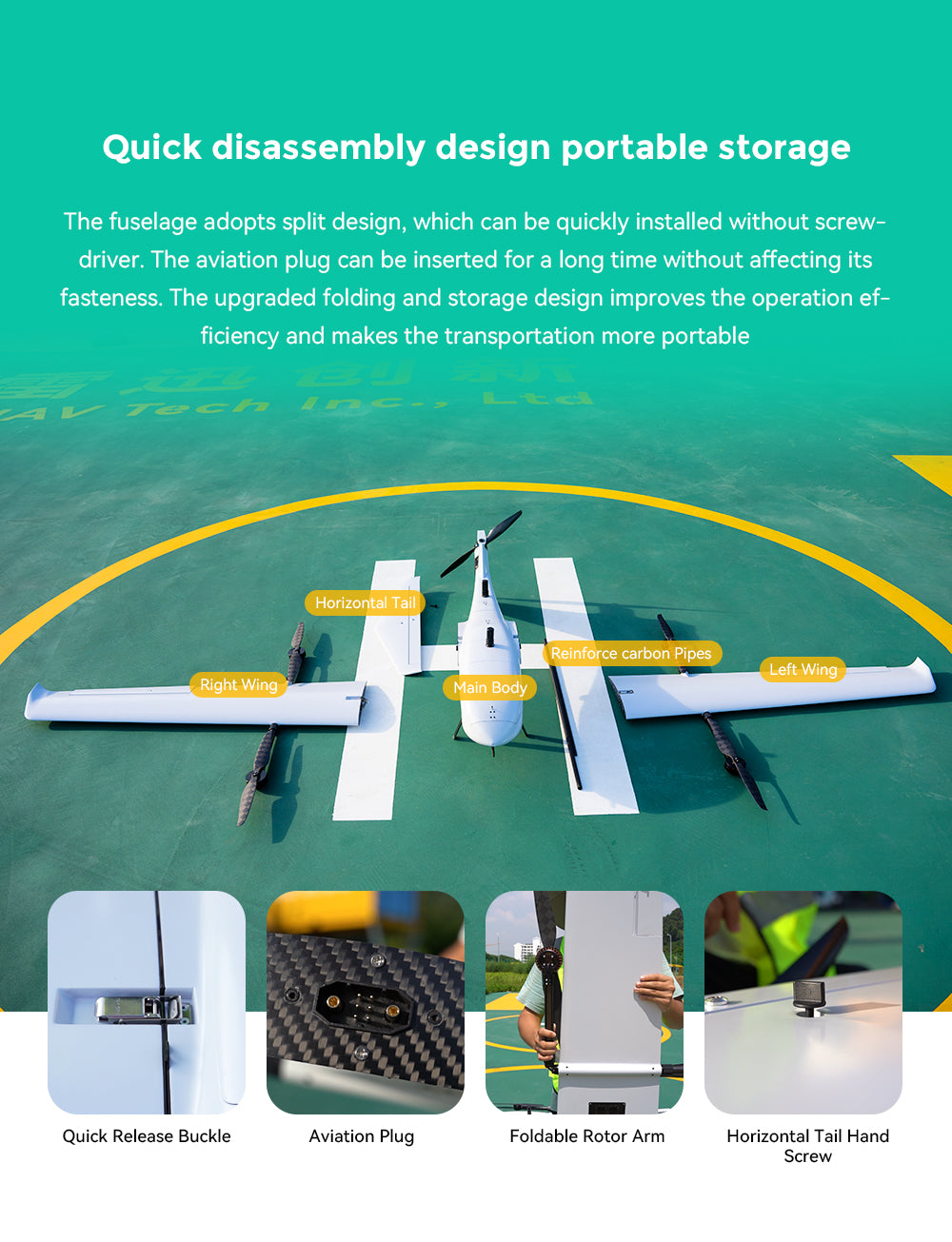 CUAV Raefly VT290 VTOL, the fuselage adopts split design; which can be quickly installed without screw- driver .