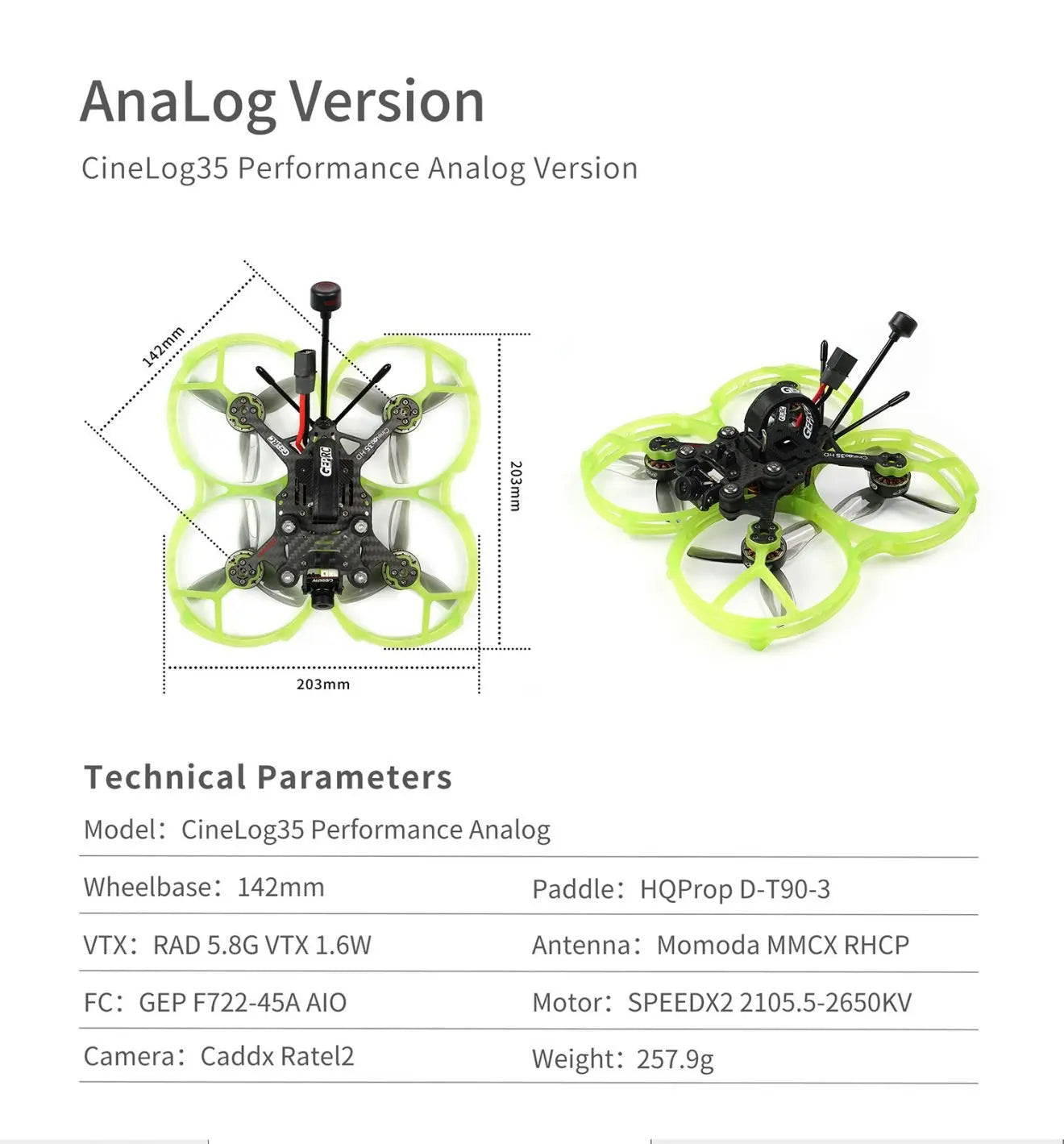 GEPRC CineLog35 FPV Drone - HD VISTA Nebula Pro 6S Cinewhoop F722-45A SPEEDX2 الارتفاع المتين RC FPV كوادكوبتر حرة بدون طيار 22 GEPRC CineLog35 FPV Drone, CineLog35 Performance Analog Version 1 203mm Technical Parameters Model: CineLog