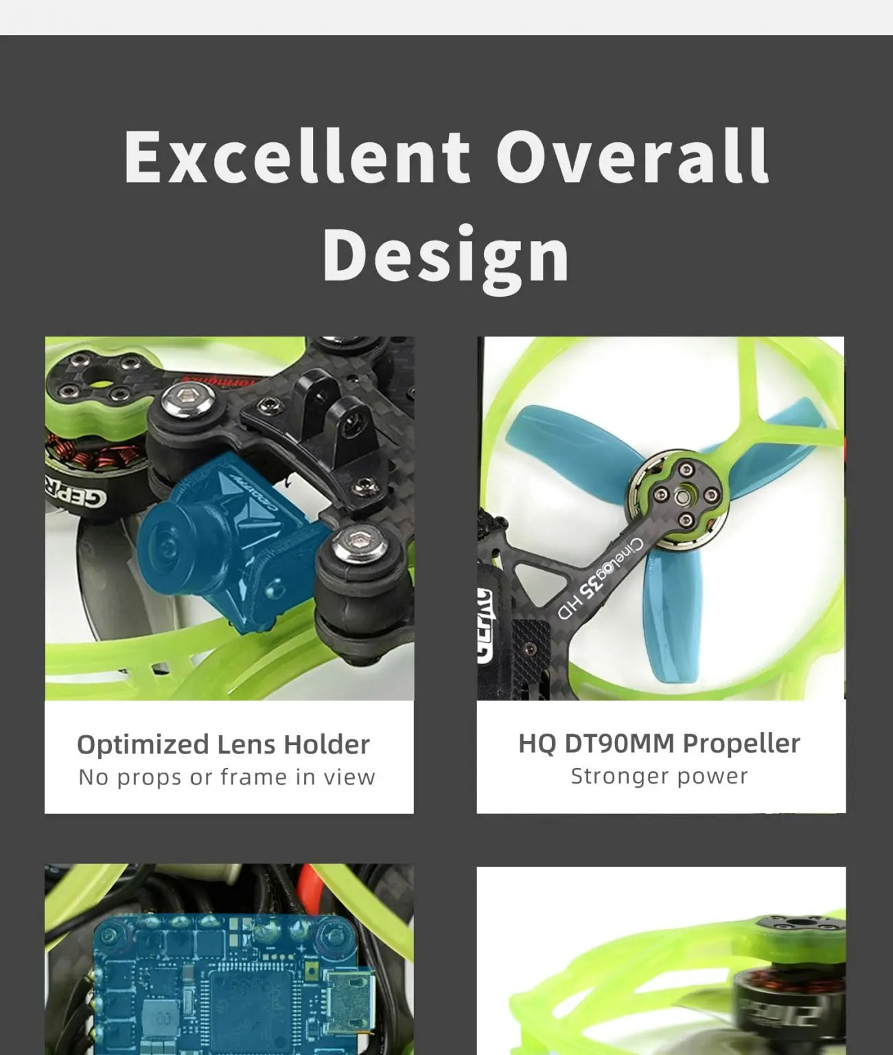 GEPRC CineLog35 Cinewhoop FPV Drone, HQ DT9OMM Propeller No props or frame in view Stronger power
