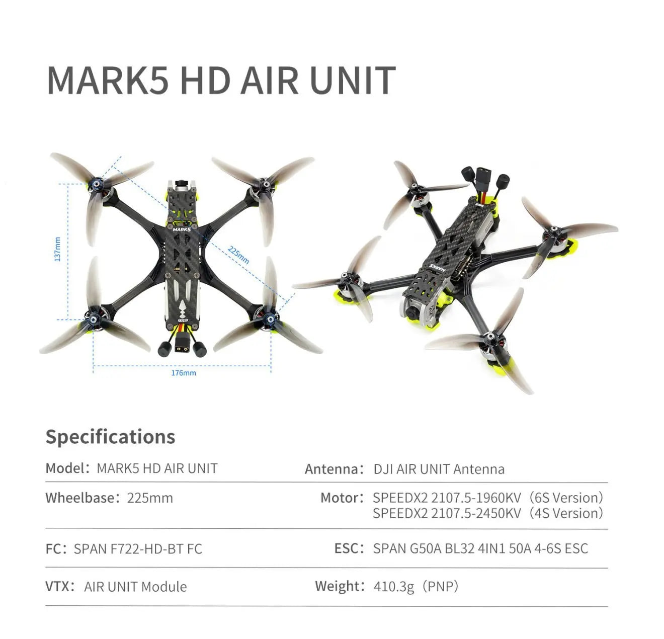 GEPRC MARK5 FPV Drone - Analog Freestyle 4S/6S 5Inch SPEEDX2 2107.5 F722-HD-BT For RC FPV Quadcopter LongRange Freestyle Drone 20 GEPRC MARK5 FPV Drone, MARKS HD AIR UNIT Maet 1 176mm Specifications Model: