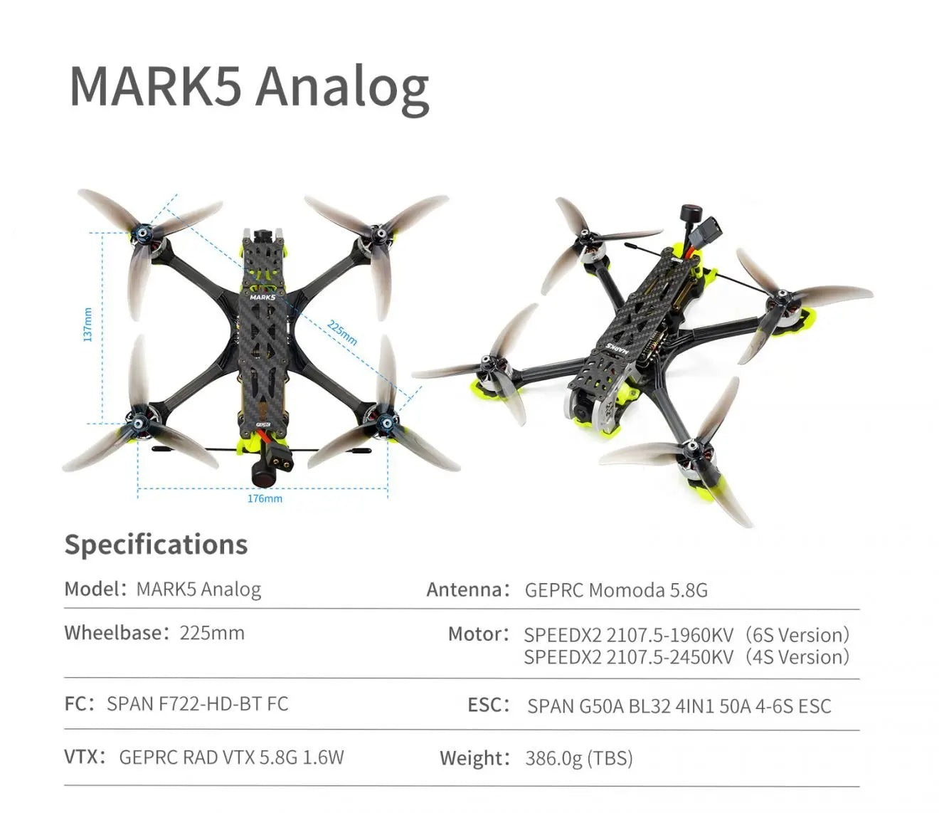 GEPRC MARK5 FPV Drone - Analog Freestyle 4S/6S 5Inch SPEEDX2 2107.5 F722-HD-BT For RC FPV Quadcopter LongRange Freestyle Drone 22 GEPRC MARK5 FPV Drone, MARKS Analog 0in7 Maae 1 176mm Specifications Model