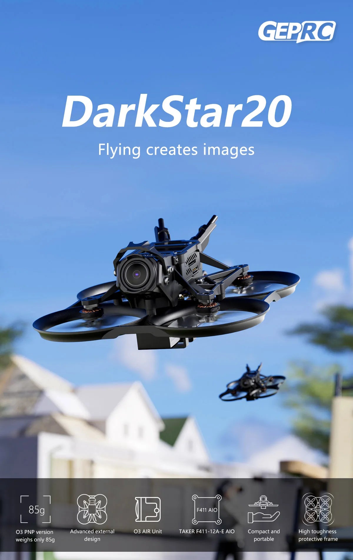 GEPRC DarkStar20 HD Wasp FPV - 2 بوصة Mini RC بدون فرش FPV Racing Drone Freestyle Quadcopter Drone Rc Airplane 8 GEPRC DarkStar20 HD Wasp FPV, GEPRC DarkStar2o Flying creates images 85g F411 AIO