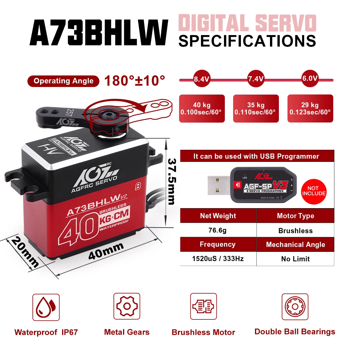 AGFRC A73BHLW V2 Servo, digital serVQ A73BHLW SPECIFICA TIONS Operating Angle 1809