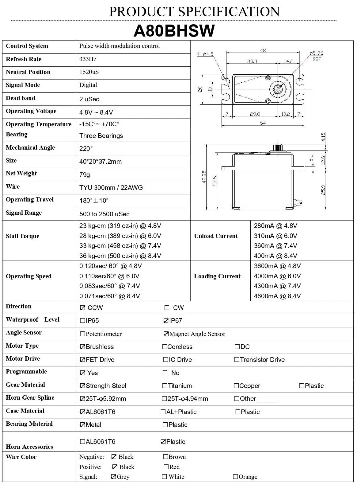 AGFRC A80BHSW V2 - 36KG Waterproof High Torque Hi-Speed Brushless RC Steering Servo Motor For 1/10 Off Road RC Car Truck Airplane 13 AGFRC A80BHSW V2, 4.8V 8.4V 22,8 10,2 Operating Temperature 15C8 +70C