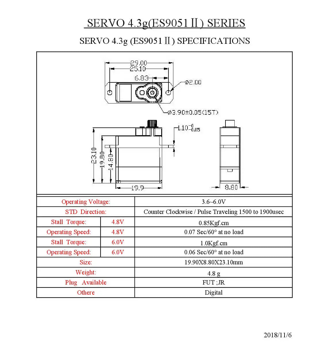 Emax ES9051, SERVO 43g(ESOOSLIL SERIES SERVO 4.3g (ES