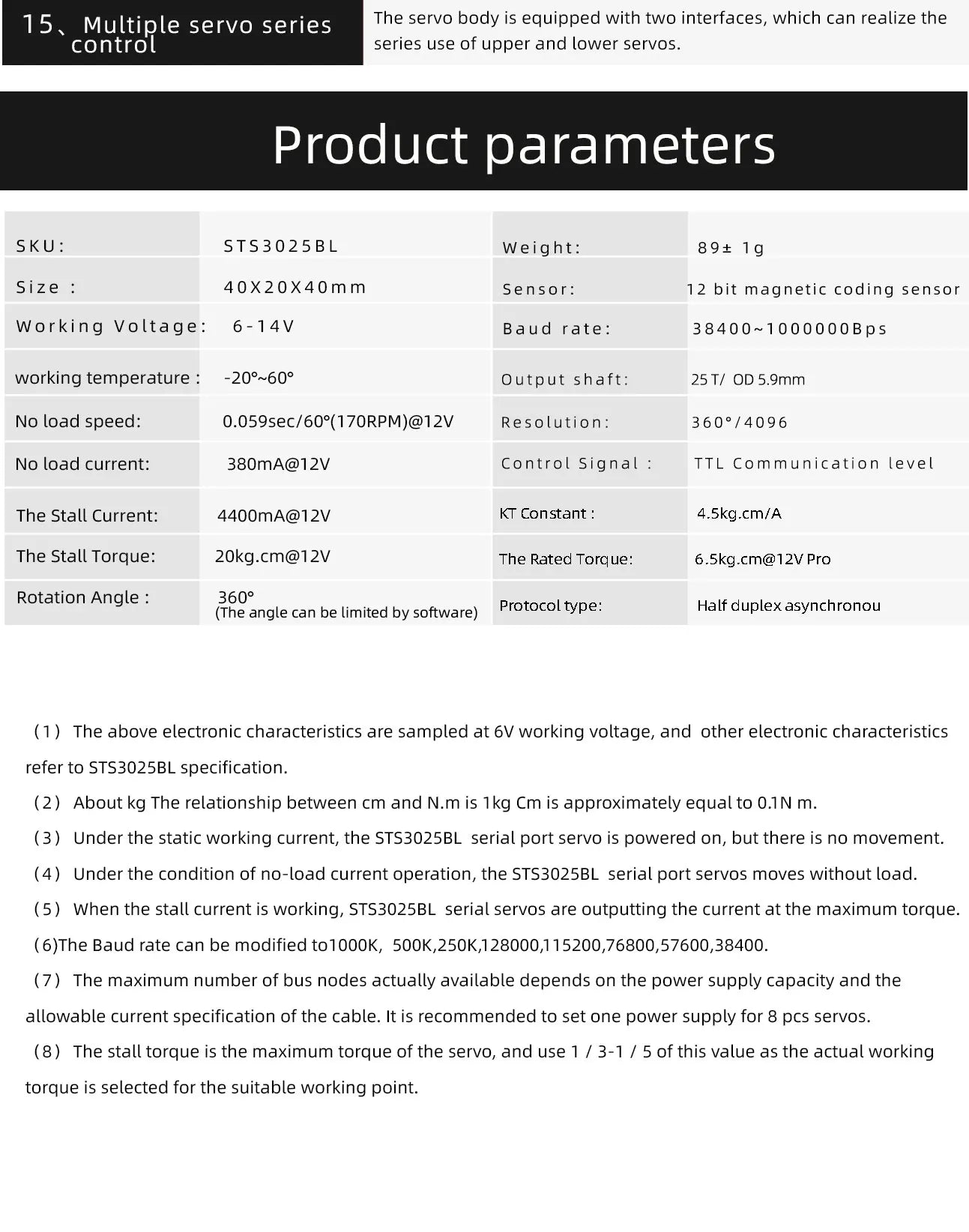 Feetech ST-3025, servo body is equipped with two interfaces, which can realize the controple series