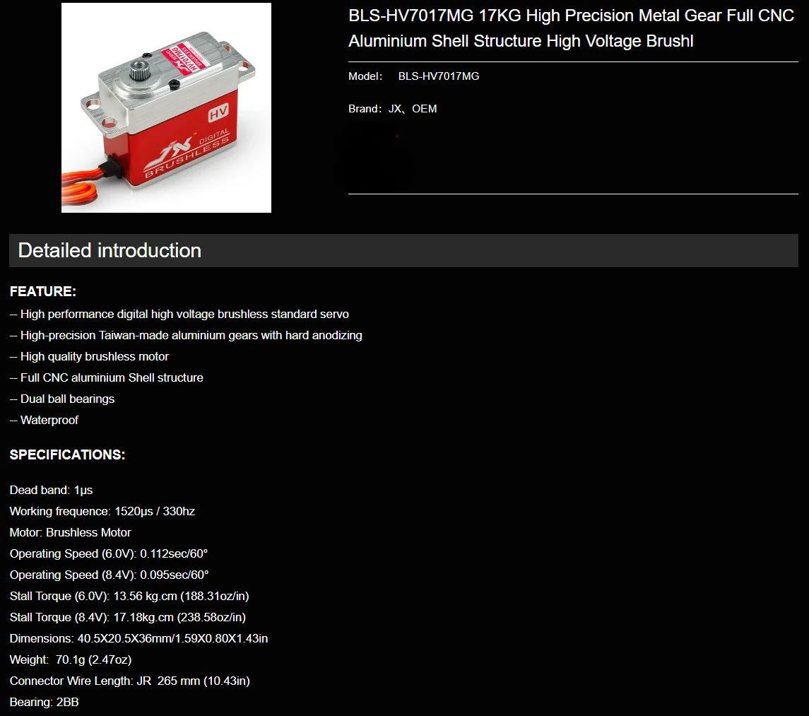 JX Servo, BLS-HVZO1ZMG 17KG High Precision Metal Gear Full CNC Aluminium