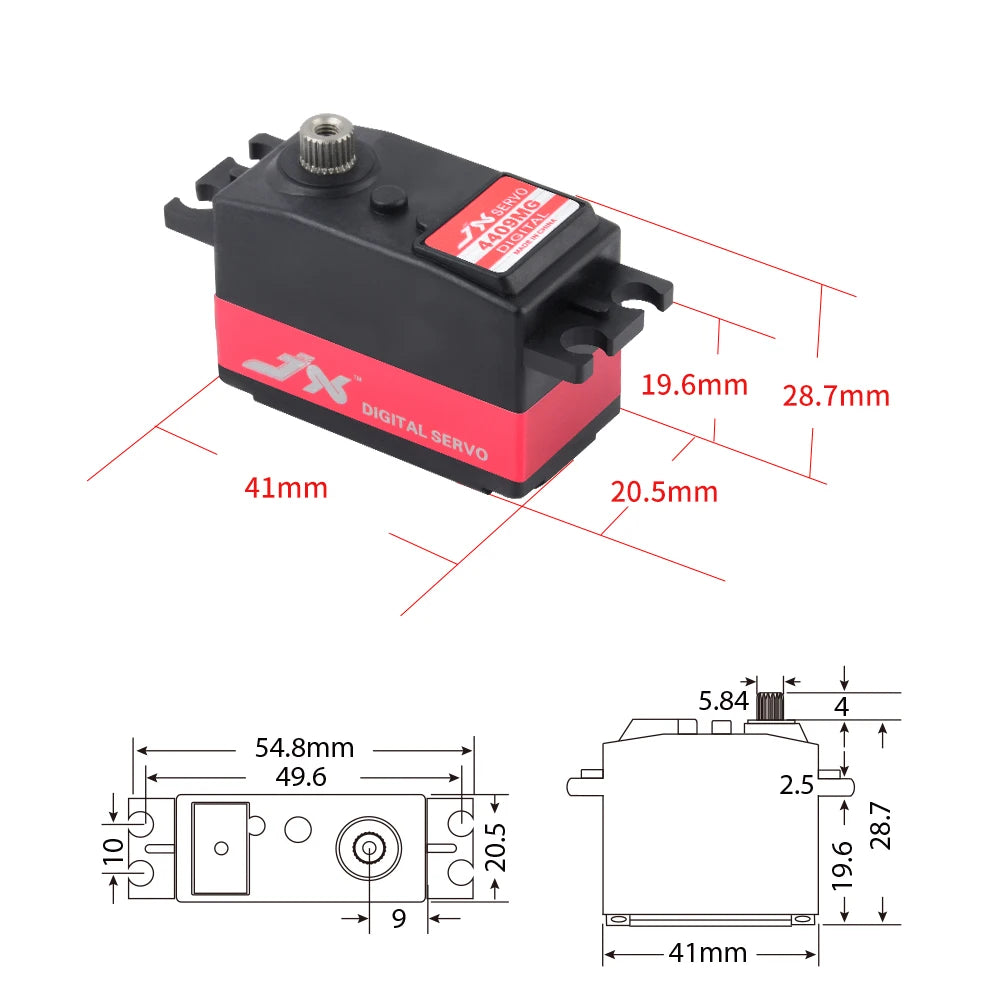 JX Servo, 19.6mm 28.7mm 4lmm 20.5mm 5.84 54.8mm 49