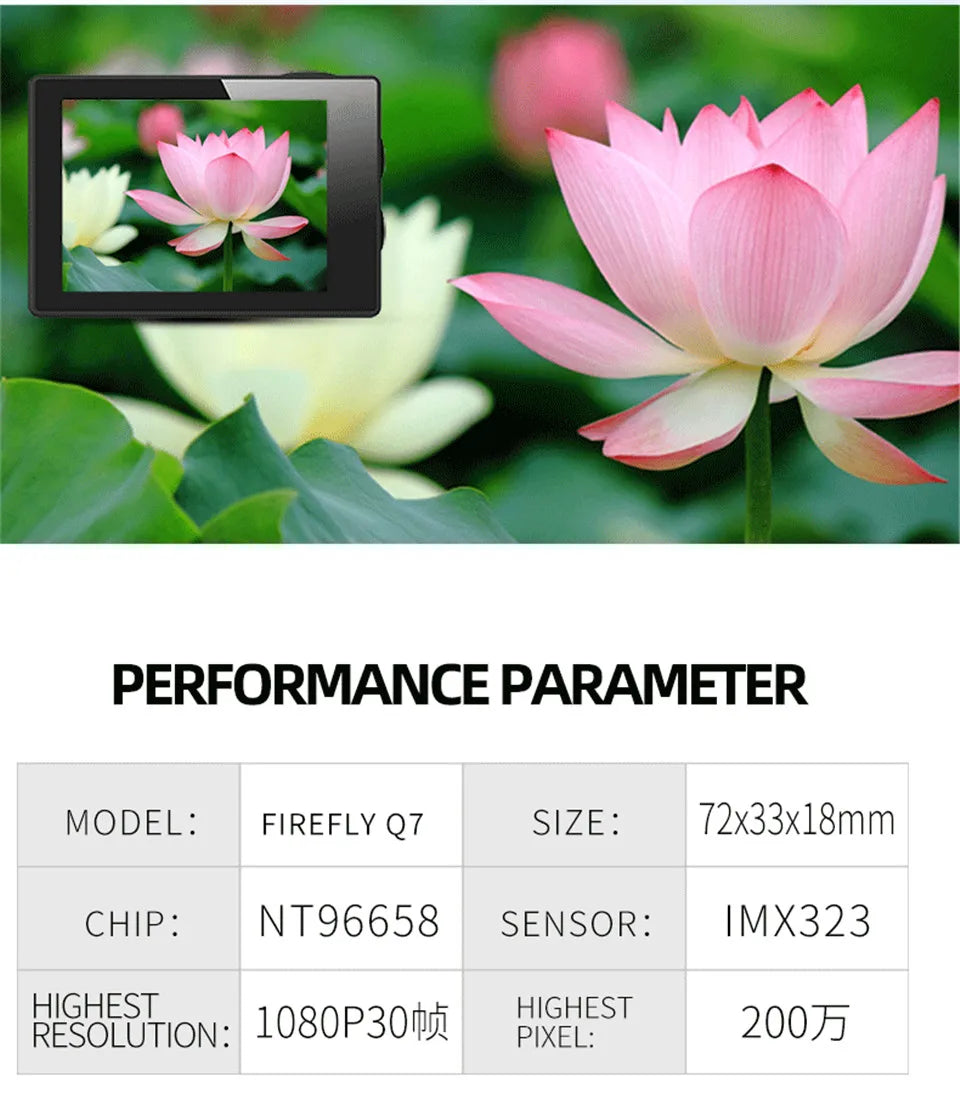 كاميرا Hawkeye Firefly Q7 Action - 1080P 30FPS WIFI SONY IMX332 0.66 بوصة OLED 10m WiFi لمسجل السكك الحديدية FPV Drone Wargame Live CS 21 Hawkeye Firefly Q7 Action Camera, FIREFLY Q7 SIZE: 72x33xl8mm CHIP: