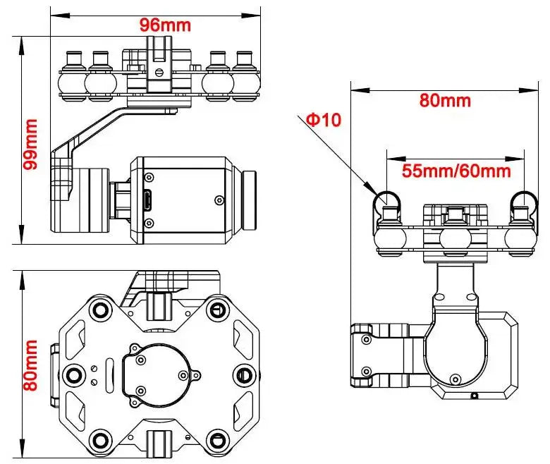 Tarot 3 Axis Brushless Gimbal, the gimbal supports wide voltage 3-6S input; 2.Mechanical three-