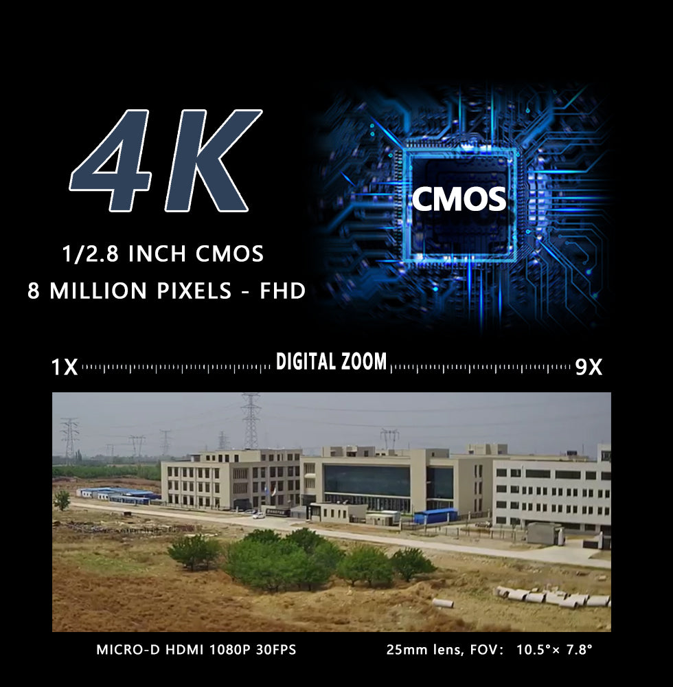 TOPOTEK KHP415 Gimbal, High-definition camera captures HD video at 1080p, 30fps with 9x digital zoom and 25mm lens.