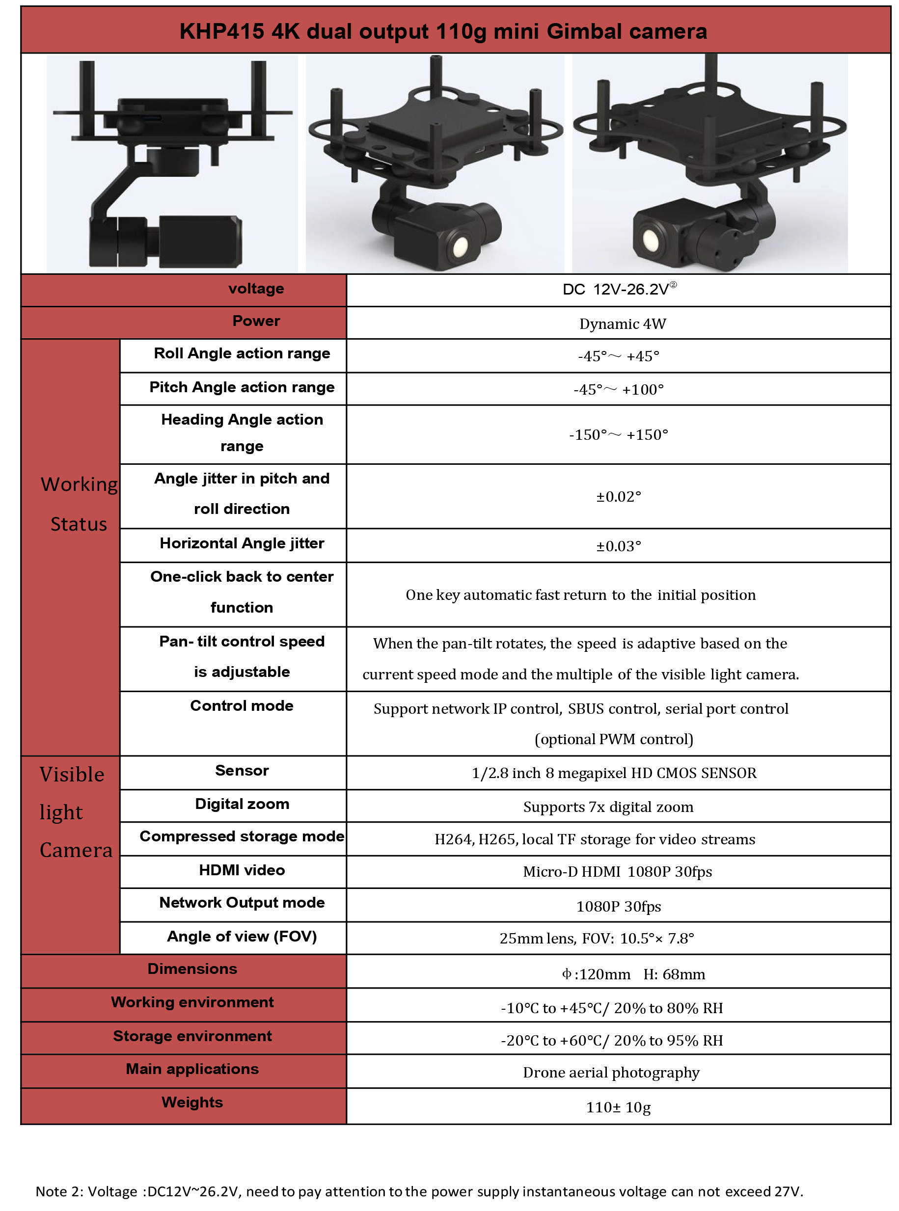 TOPOTEK KHP415 Gimbal, Compact 4K gimbal camera with dual outputs, weighs 110g, displays power and voltage levels.