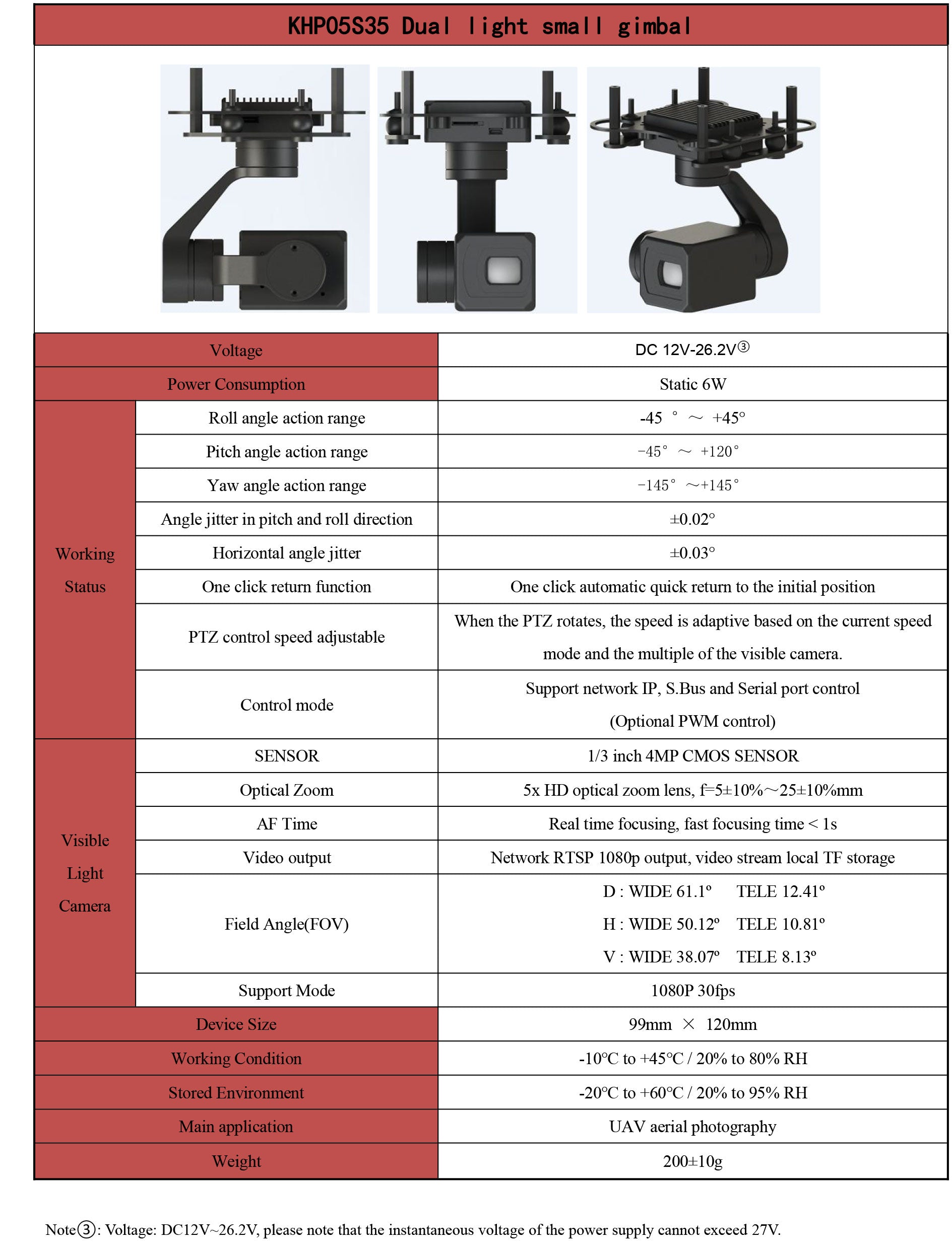 TOPOTEK KHP05S35 Dual Light Small Gimbal, TOPOTEK KHP05S35 Dual Light Gimbal with hybrid zoom camera and 3-axis stabilization for smooth video capture.