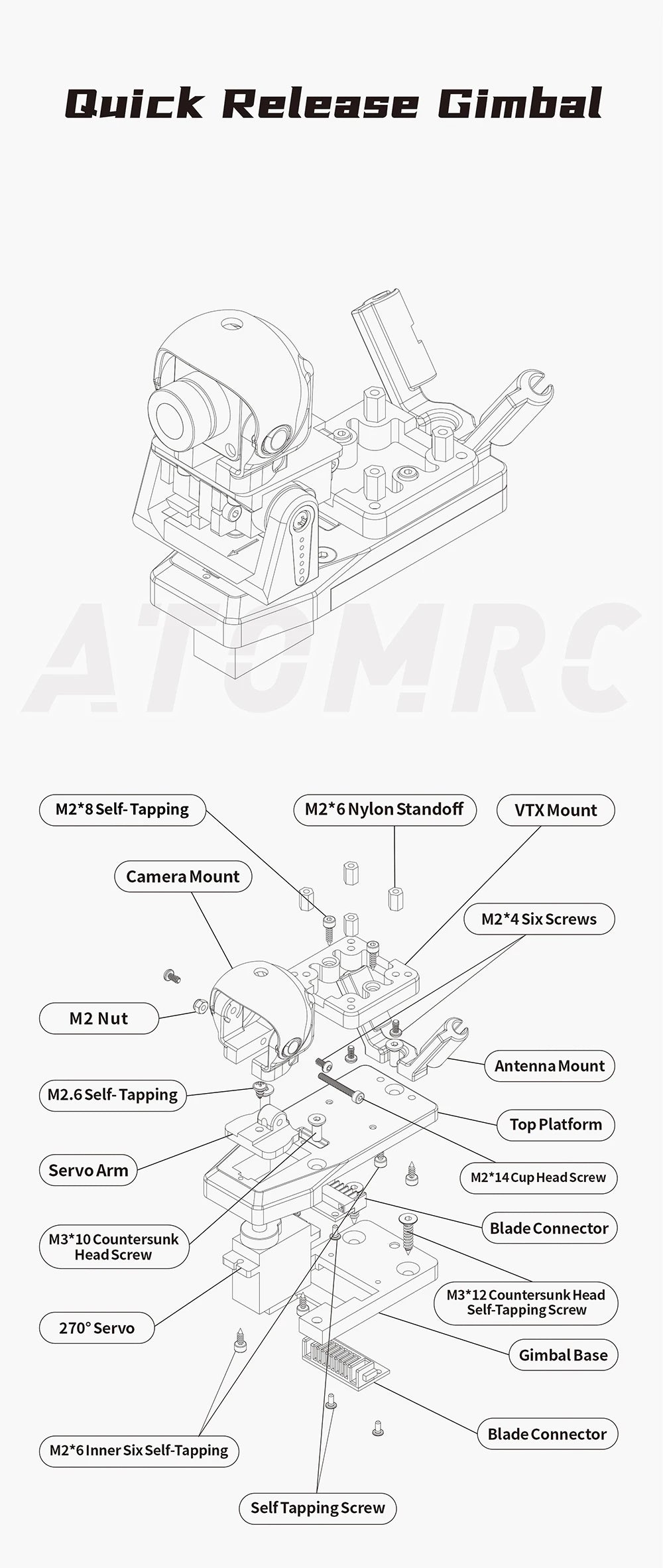 ATOMRC 1 Axis 2 Axis Gimbal, Quick Release Gimbal ARC M2*8 Self-Tapping M2