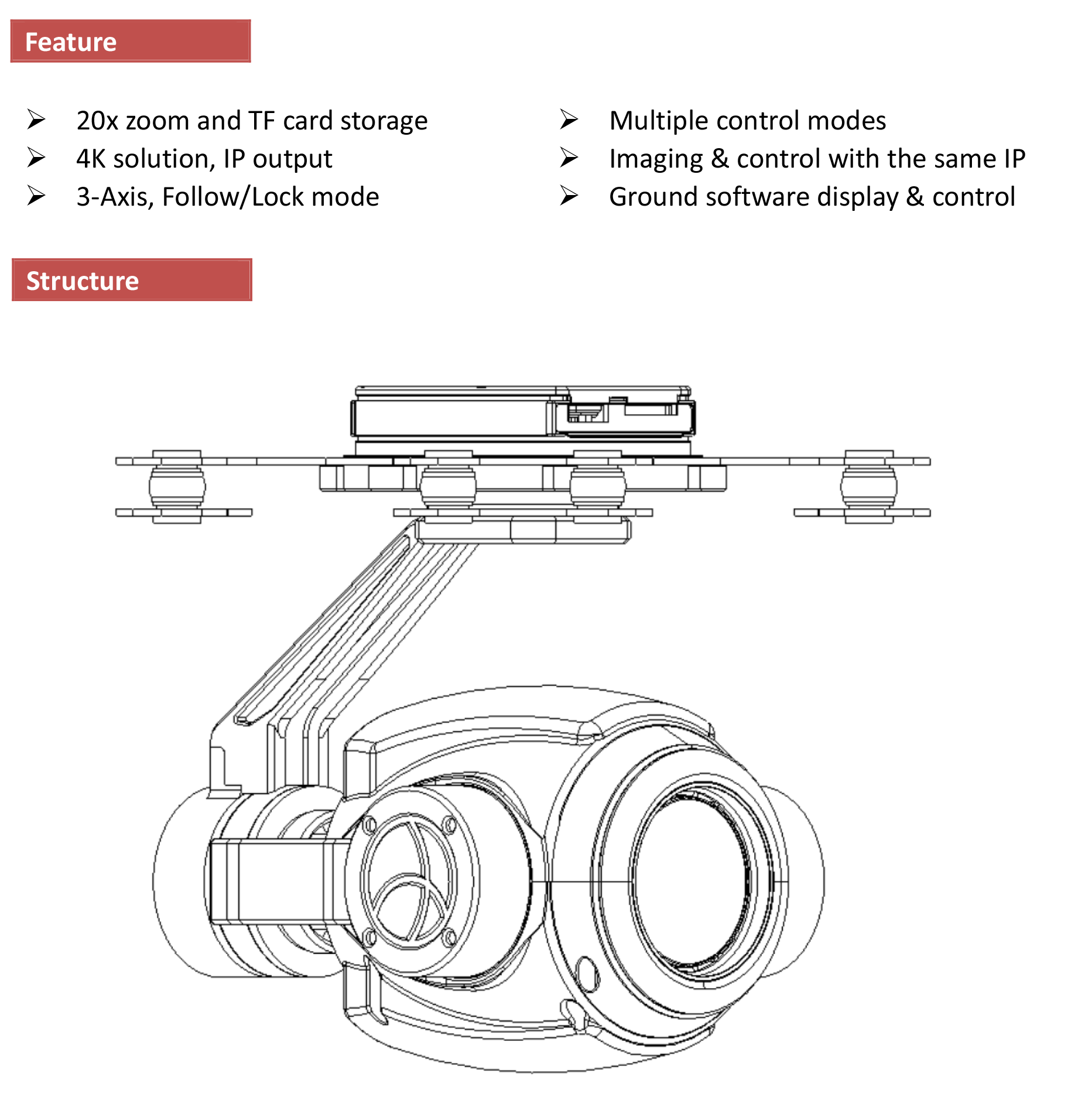 TOPOTEK RIP20S4K Drone Gimbal, Camera with 8MP CMOS sensor, 20x optical zoom, and real-time fast focusing.