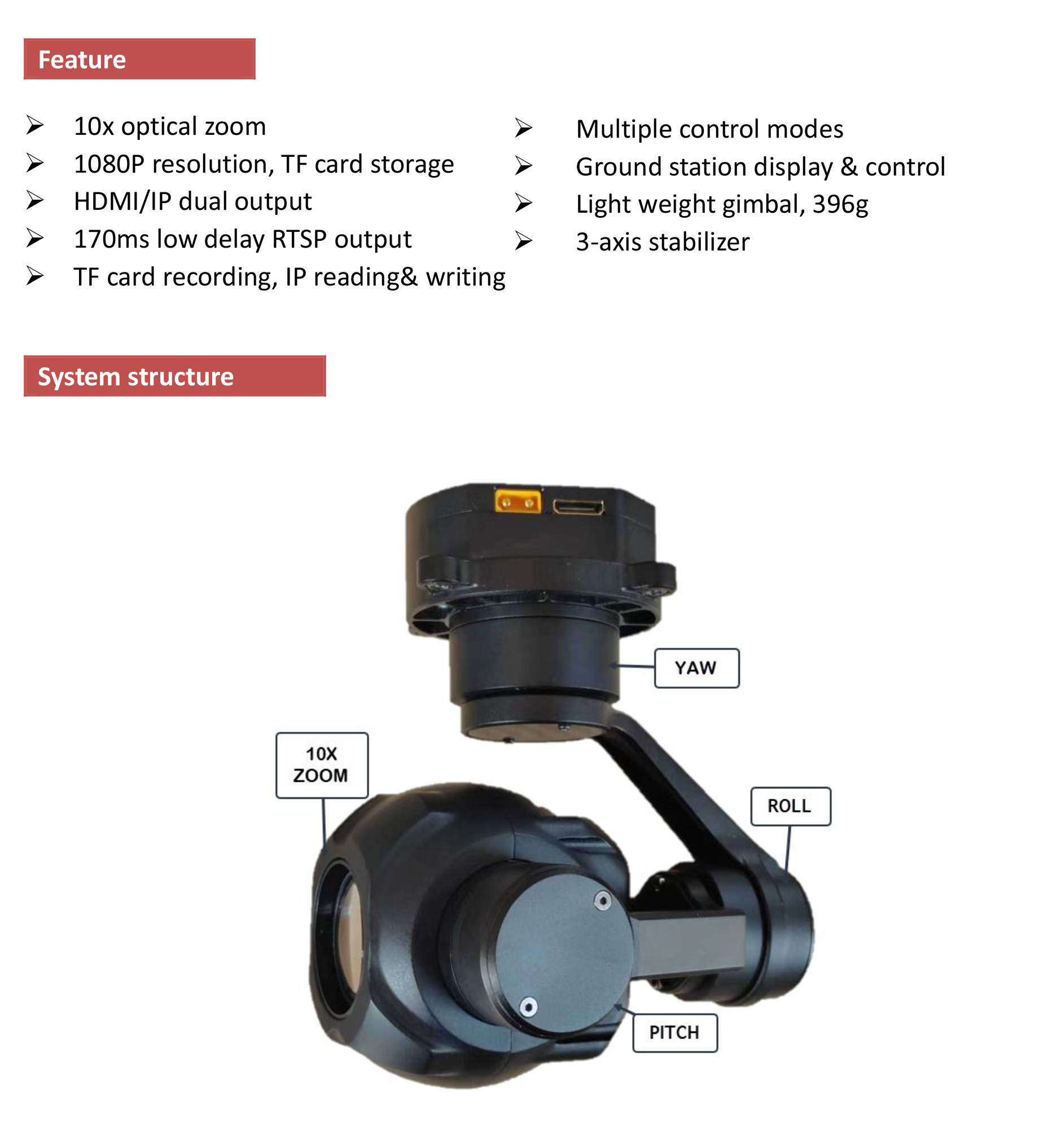 TOPOTEK KHY10S90 Drone Gimbal, Robust drone camera with 3-axis gimbal control and 10x optical zoom for precise movement.