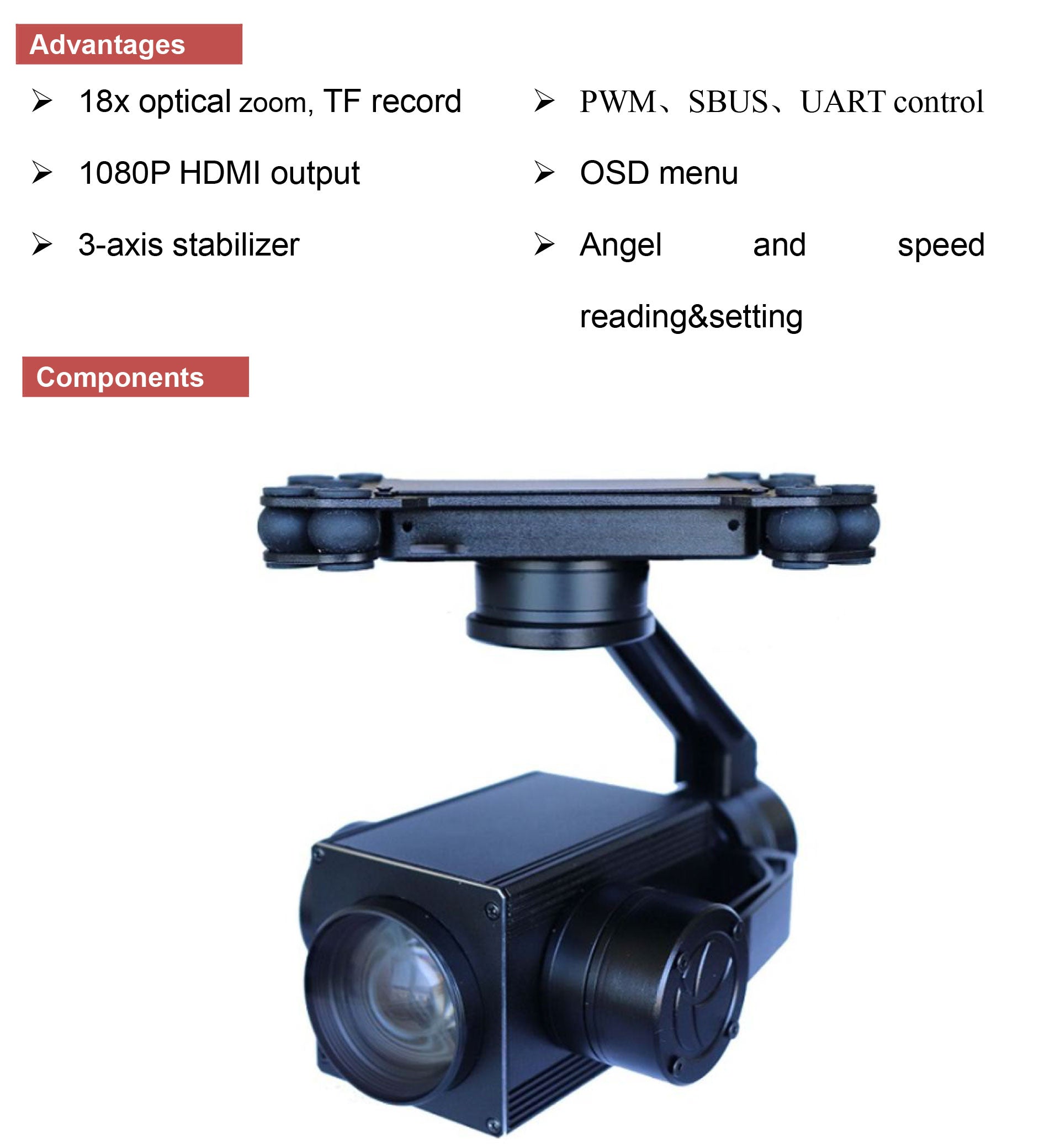 TOPOTEK TP18 Drone Camer Gimbal - 18 كاميرا زووم بصري 3 محاور Gimbal مخرج HDMI 3 TOPOTEK TP18 Drone Camer Gimbal, Advanced drone camera features: 18x optical zoom, recording, controls, and stabilization.