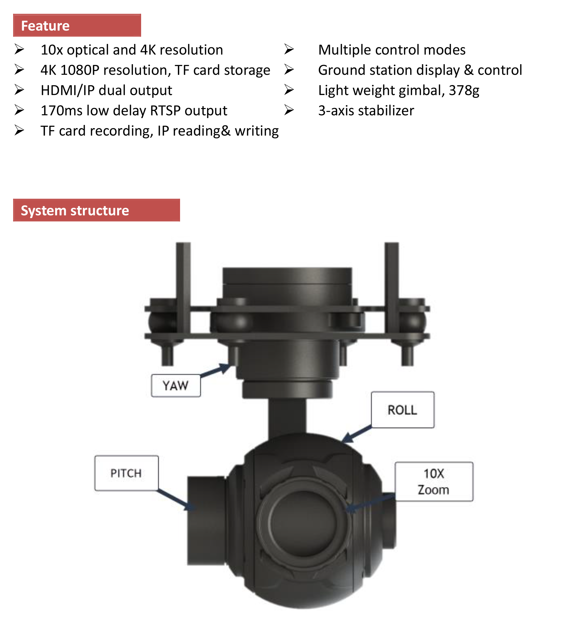 TOPOTEK KHP10S4K Drone Gimbal, Camera with 3-axis gimbal and 10x optical zoom for stable and detailed video and photos.