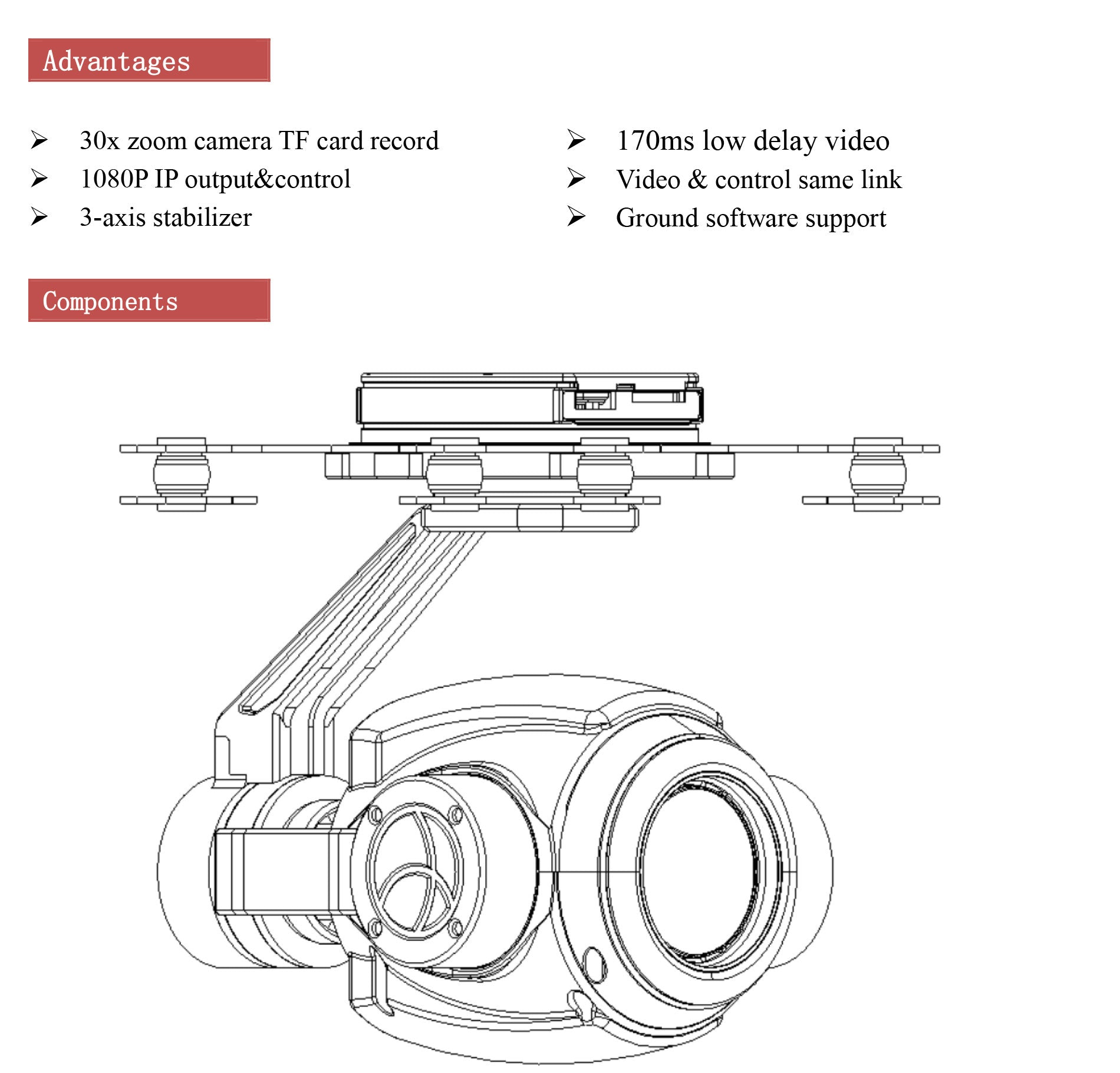 TOPOTEK SIP30S90 Drone Camera Gimbal, Camera features: 30x zoom, video recording, 1080p output, and stabilization via 3-axis stabilizer or ground software.