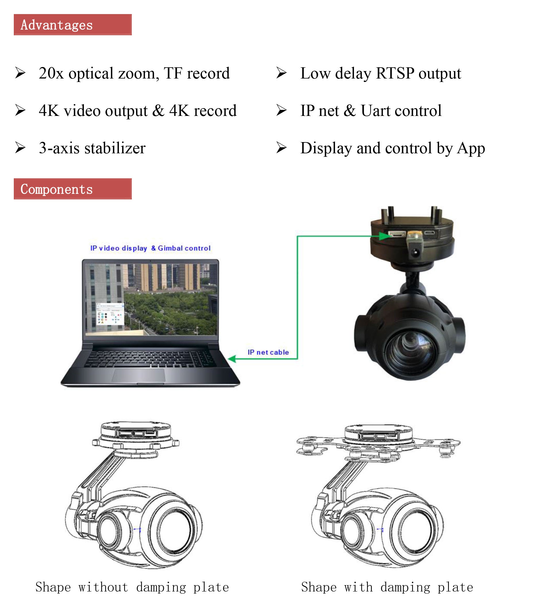 TOPOTEK HI20S77 Drone Camera Gimbal, Camera features: 4K, optical zoom, low delay recording, RTSP output, IP networking, and gimbal stabilization.