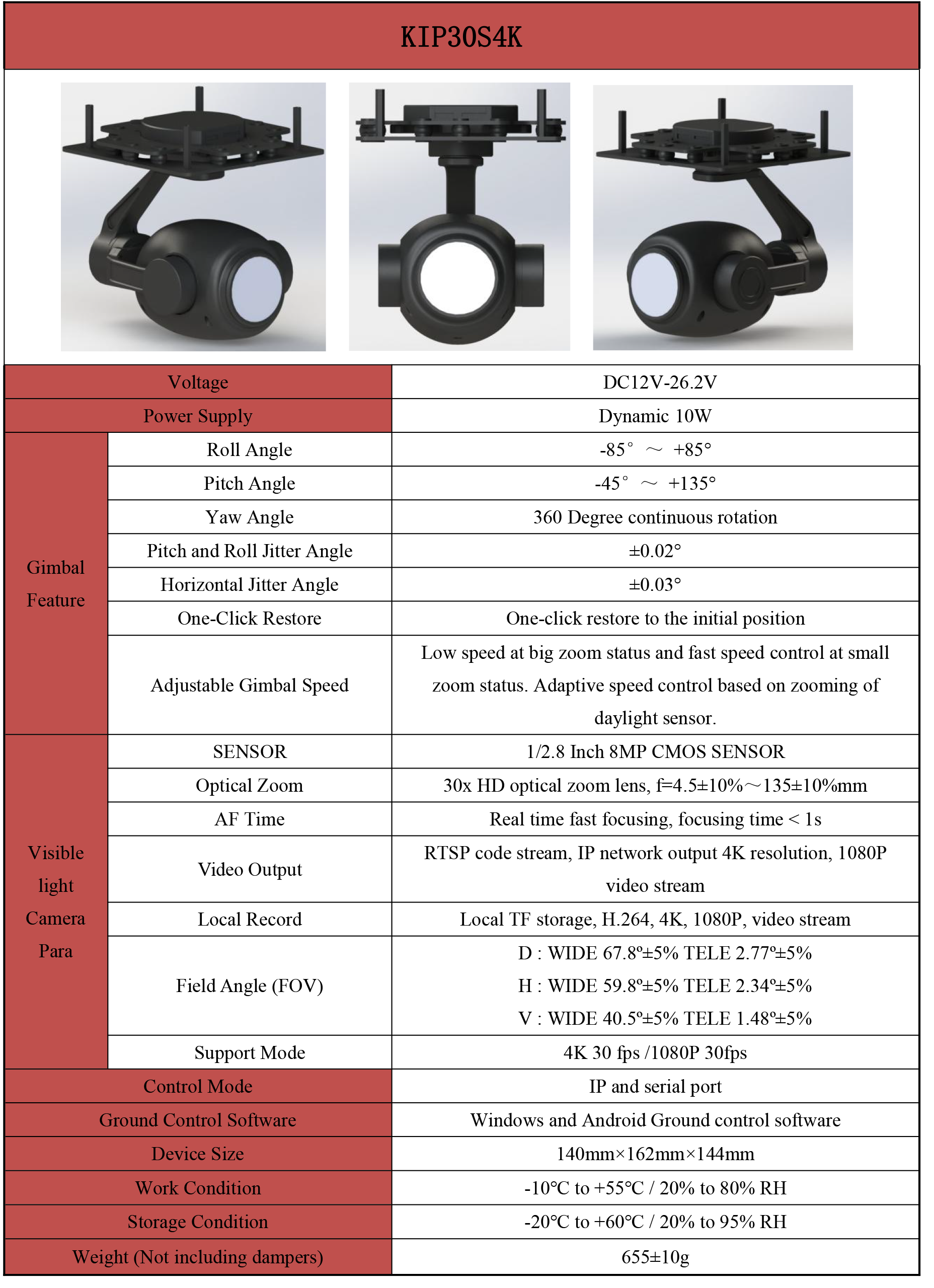 TOPOTEK KIP30S4K Drone Camera Gimbal, Professional-grade drone camera with 30x optical zoom, 4K video, and 3-axis stabilization for smooth footage.