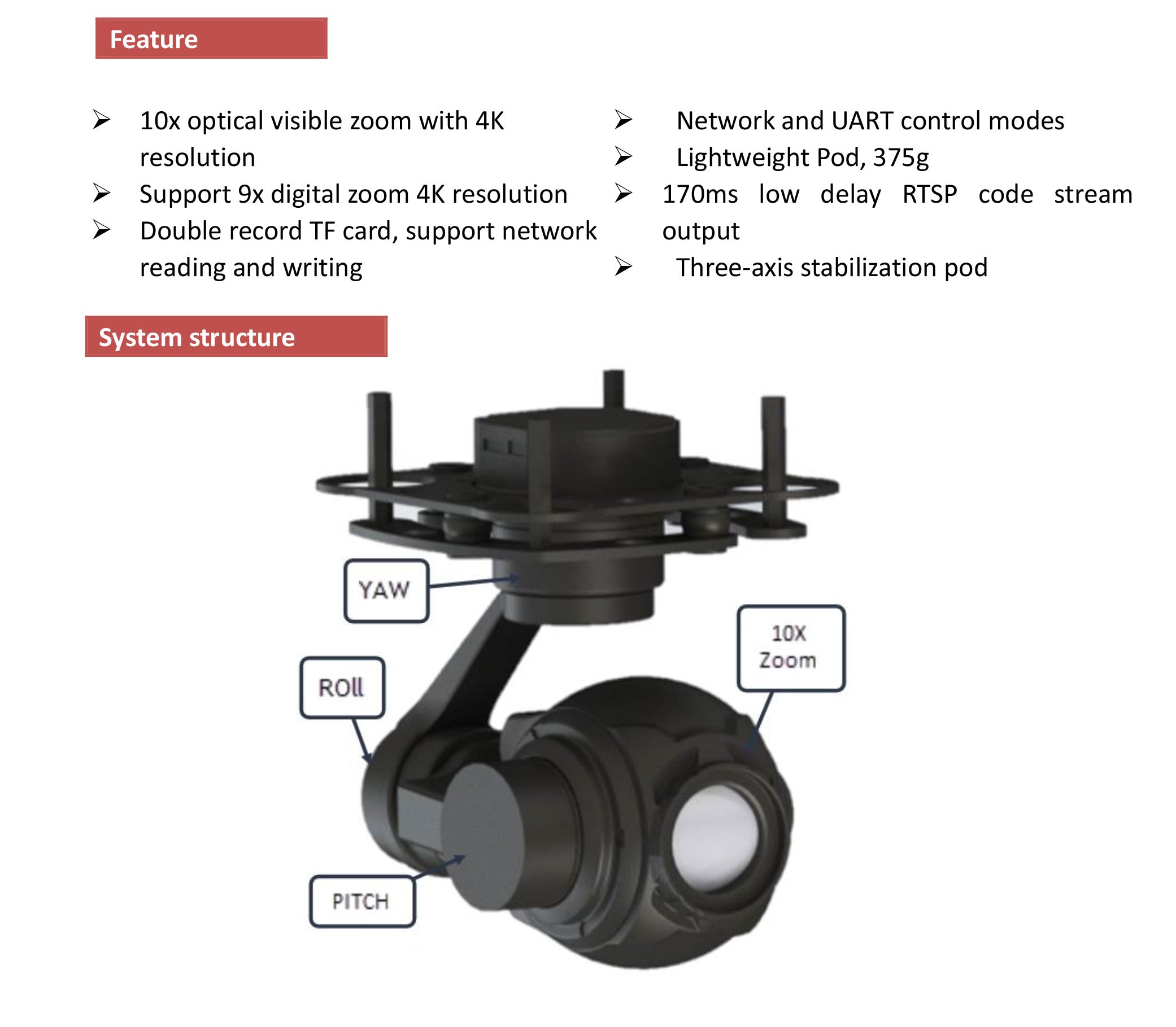 TOPOTEK KIP10S4K Drone Camera Gimbal, High-end drone camera gimbal with 4K resolution, 10x optical zoom, and 3-axis stabilization for smooth video capture.