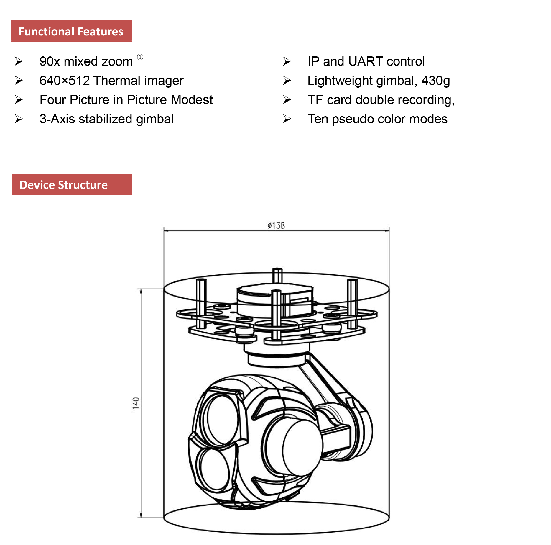 TOPOTEK KIP10G613 Dual Light Drone Gimbal - 10x بصري / 90x تكبير مختلط 2592x1560 كاميرا + 13 مم 640x512 تصوير حراري بالأشعة تحت الحمراء مع 3 محاور Gimbal 4