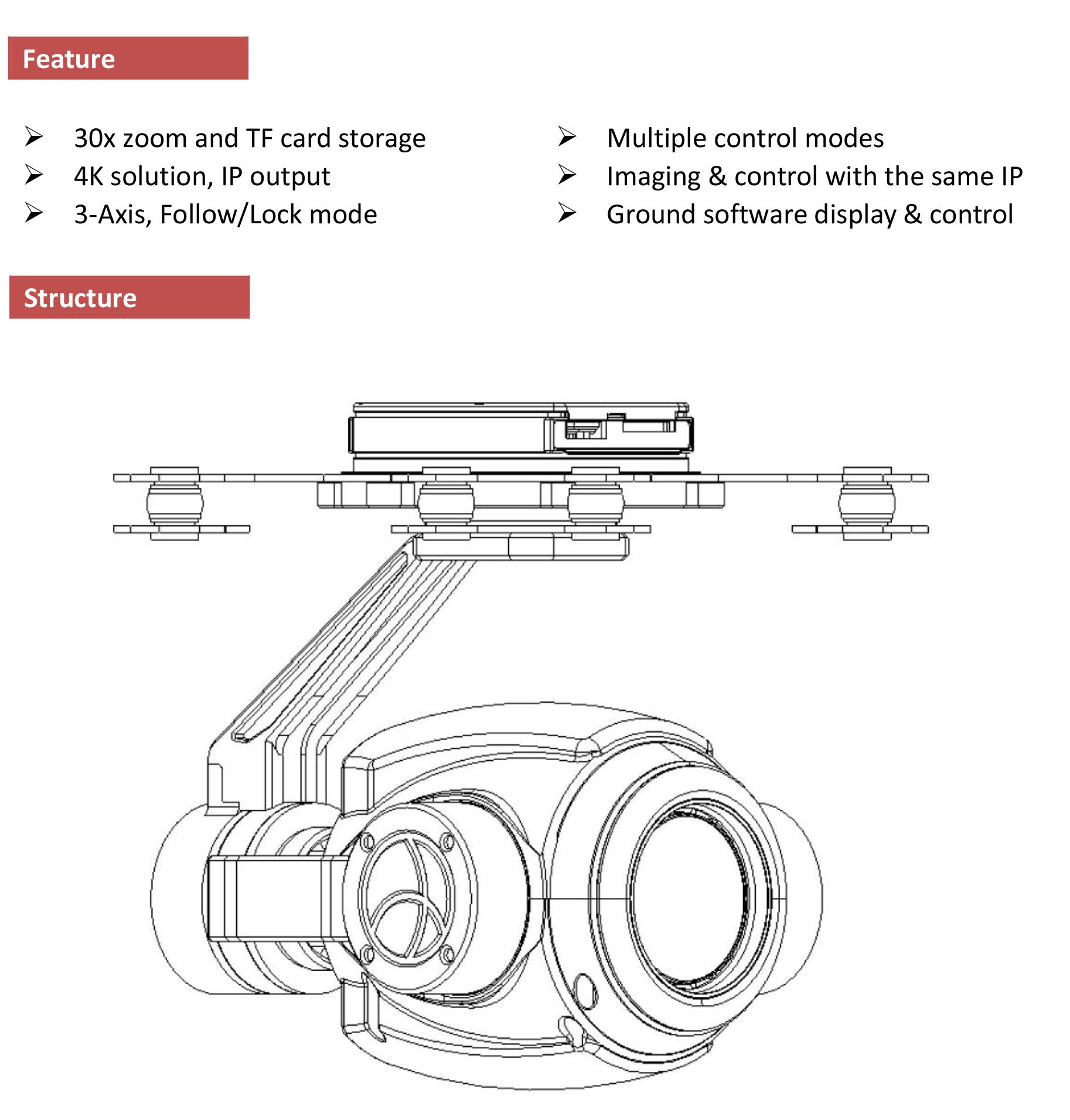TOPOTEK RIP30S4K Drone Camera Gimbal, High-quality drone camera gimbal with 30x zoom, 4K resolution, and advanced stabilization.