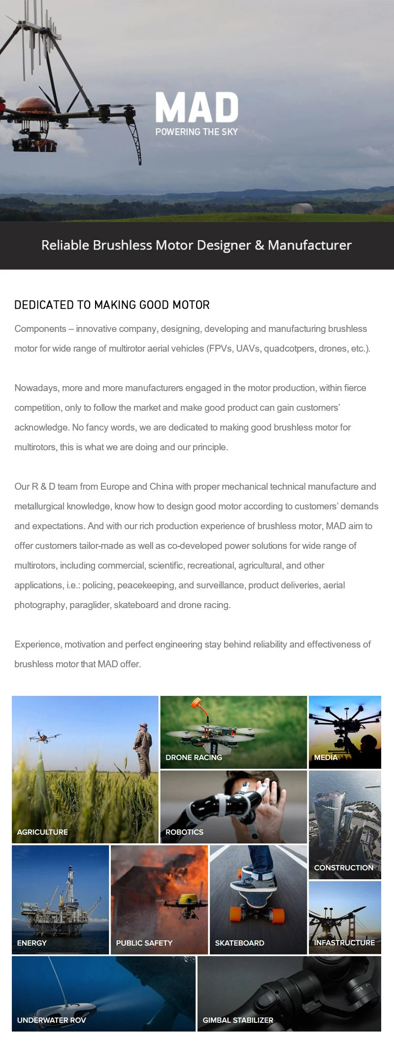 MAD 8116 EEE Agriculture Drone Motor, Reliable brushless motor designer and manufacturer for multirotor aerial vehicles.