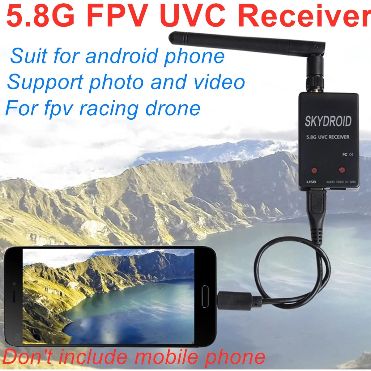 Ready to use 5.8G FPV Receiver UVC Video Downlink OTG VR Android Phone+5.8G Video Transmitter + CMOS 1200TVL Camera FPV Combo