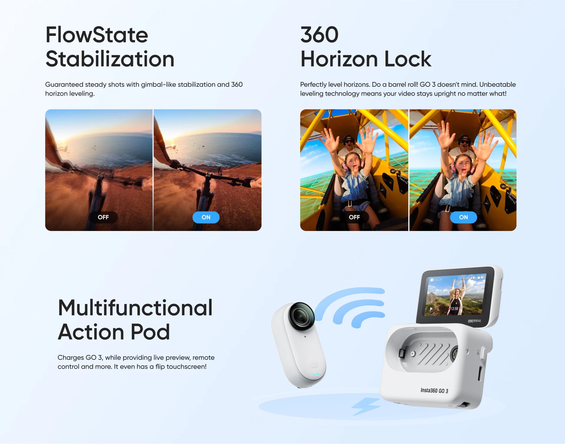 Insta360 GO 3 operation camera, FlowState 360 Stabilization Horizon Lock Guaranteed steady shots with gimbal