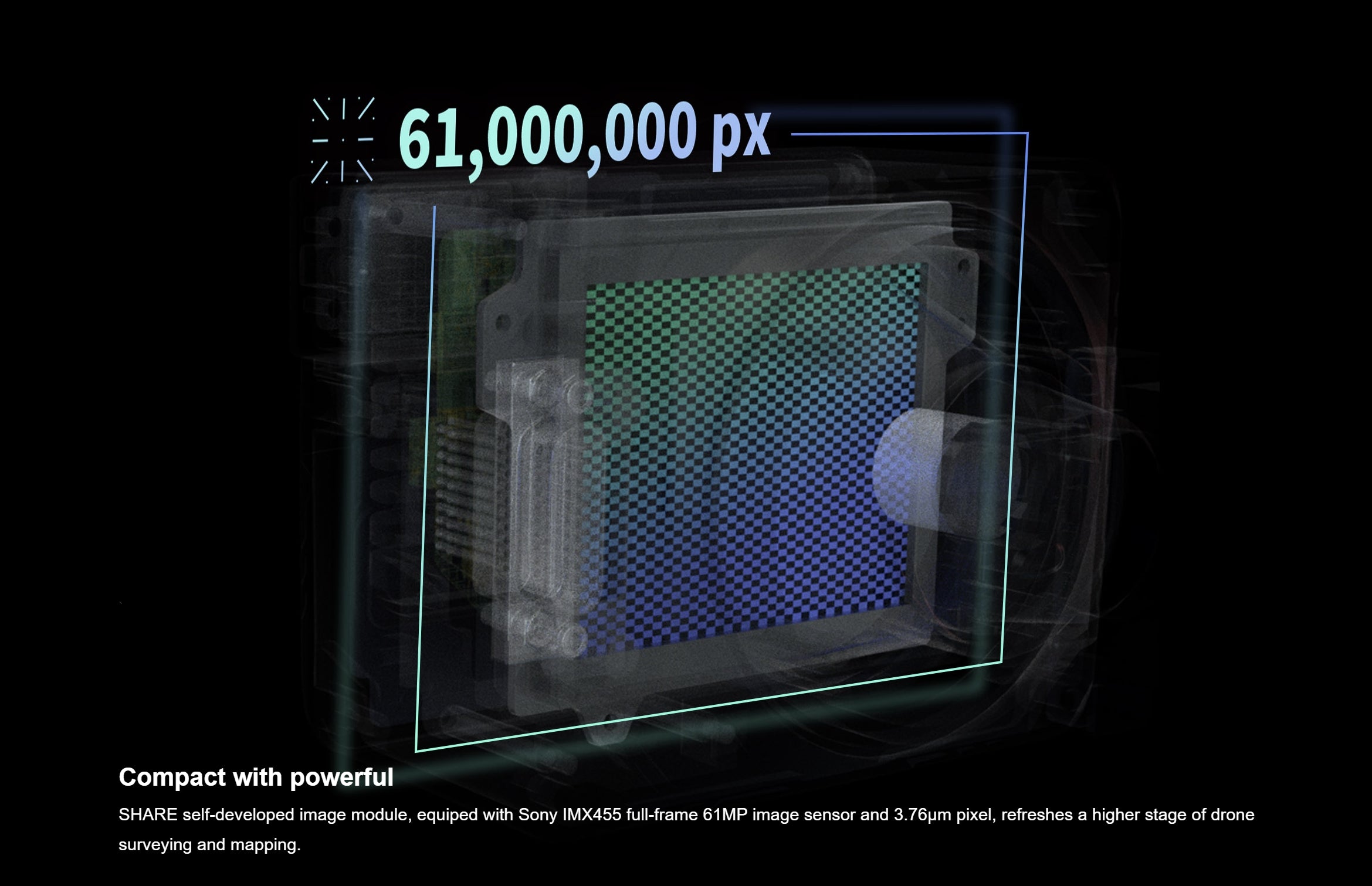 SHARE 6100X - كاميرا جوية بدون طيار كاملة الإطار وعدسة واحدة بدقة 61 ميجابكسل 6 SHARE 6100X: Powerful self-developed camera with 61MP Sony IMX455 sensor for high-quality aerial imaging.