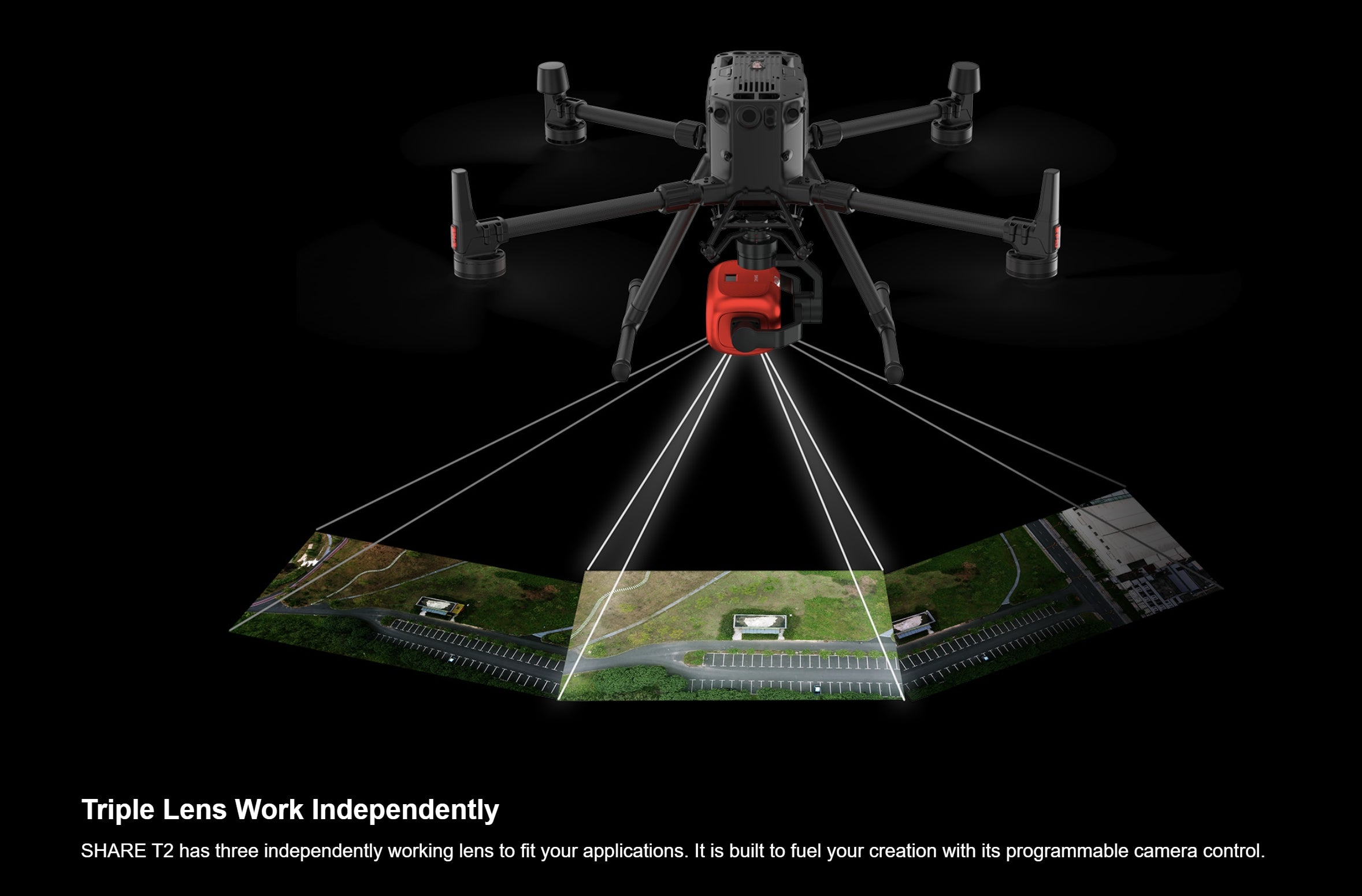 SHARE T2 - 75MP 3-Lens Oblique Aerial Camera, Captures unique scenes with triple lenses, programmable control for creative freedom.