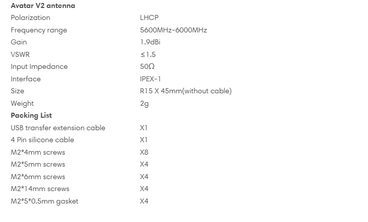 Caddx FPV Walksnail Avatar HD Pro Kit 32G VTX KIT, Avatar V2 antenna Polarization LHCP Frequency range 56OOMHz-6