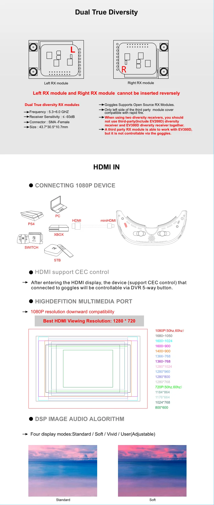 Eachine EV300D FPV Goggle - 1280*960 5.8G 72CH ثنائي التنوع الحقيقي متوافق مع DVR البعد البؤري قابل للتعديل لطائرة FPV Drone Rc Dron 14