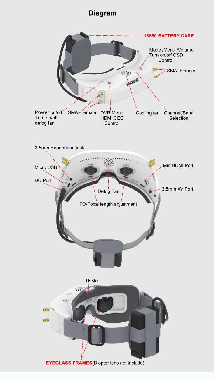 Eachine EV300D FPV Goggle - 1280*960 5.8G 72CH ثنائي التنوع الحقيقي متوافق مع DVR البعد البؤري قابل للتعديل لطائرة FPV Drone Rc Dron 19